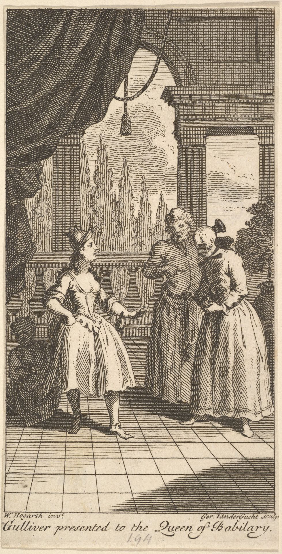 Gulliver Presented to the Queen of Babilary, Frontispiece to "The Travels of Mr. John Gulliver" by Gerard Vandergucht