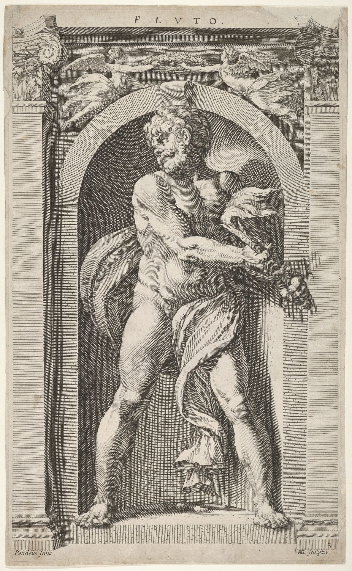 Pluto; on verso sketches of a figure, four heads, and a column by Hendrick Goltzius
