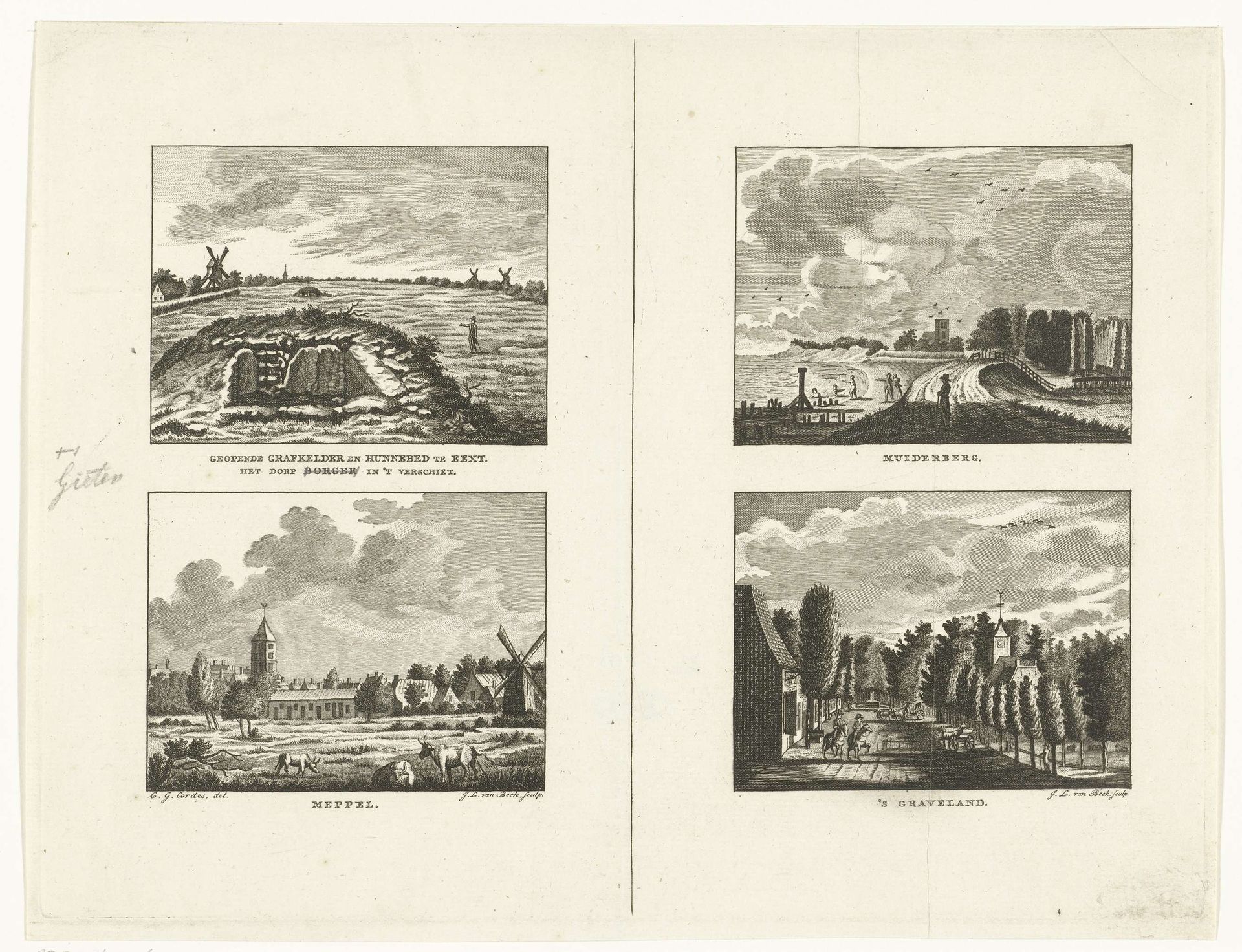 Vier landschappen met gezichten te Eext met hunnebed, Muiderberg, Meppel en 's-Graveland by Jan Lucas van der Beek