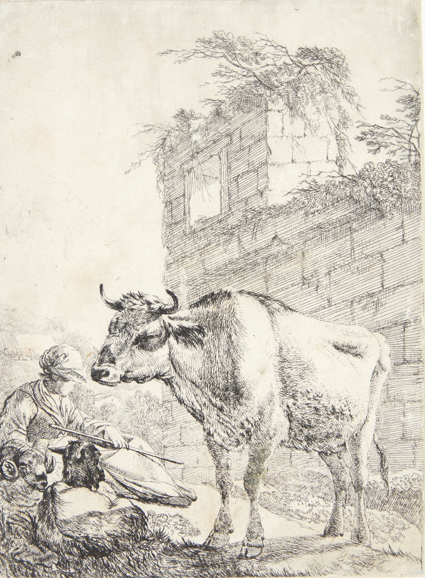 Liggende hyrde og stående ko by Johann Heinrich Roos
