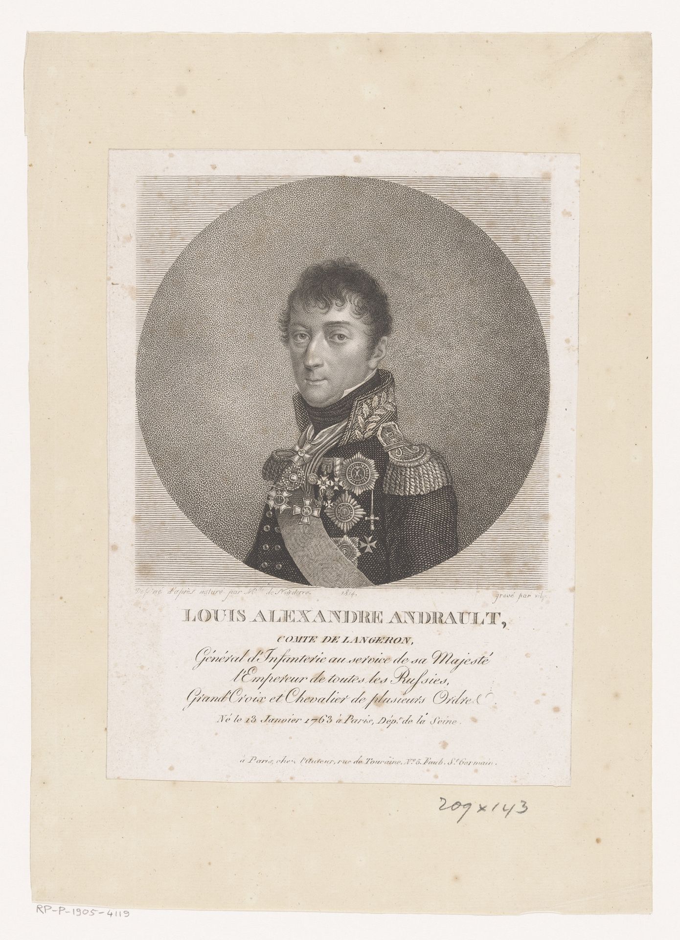 Portret van Louis Alexandre Andrault de Langeron by Philippus Velijn