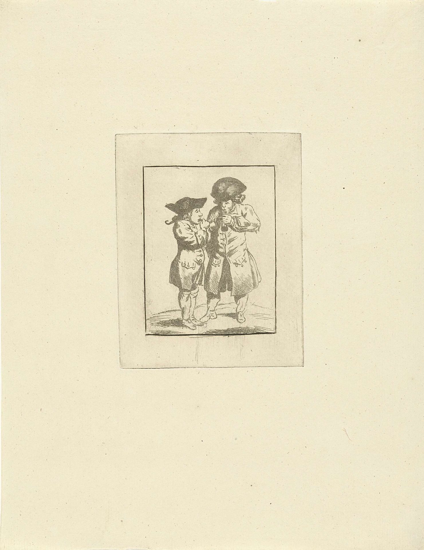 Twee soldaten met driepuntige hoeden blazen op bazuinen by G. van Citters