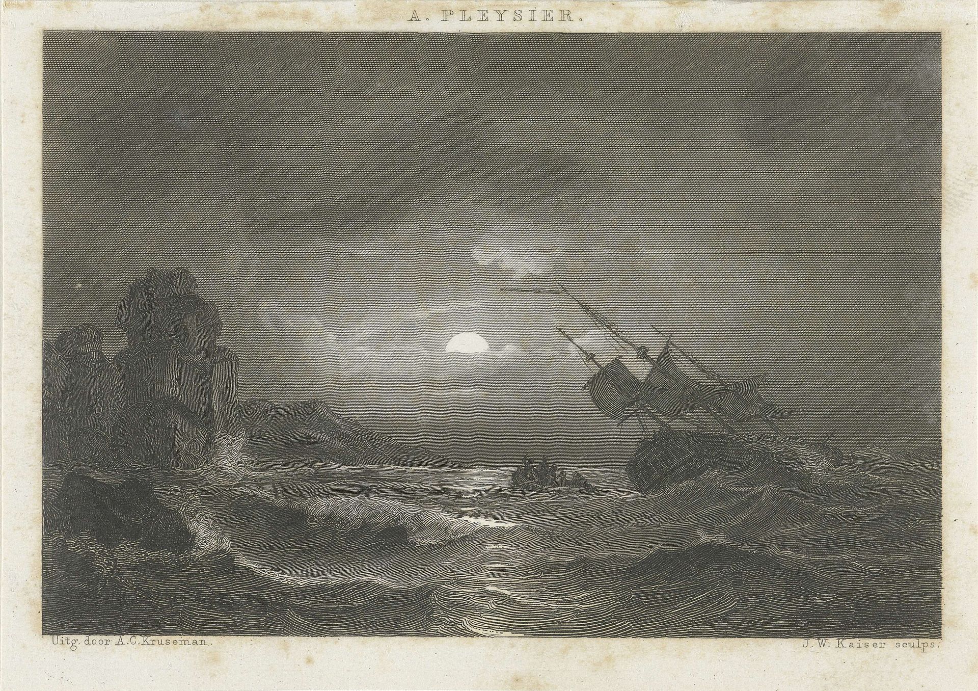 Schip in nood bij nacht by Johann Wilhelm (I) Kaiser