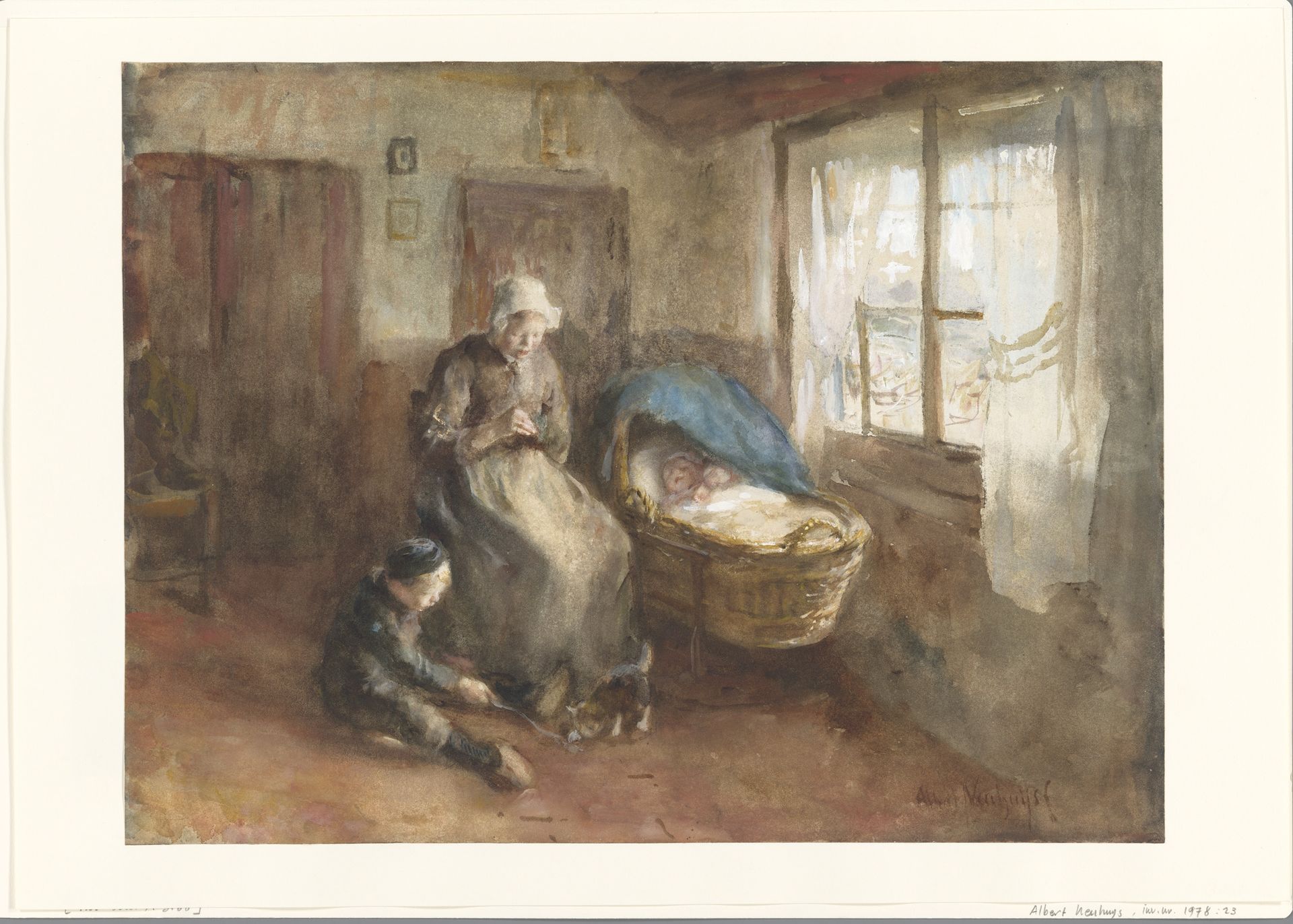 Interieur met een vrouw bij een wieg en een jongetje op de grond by Albert Neuhuys