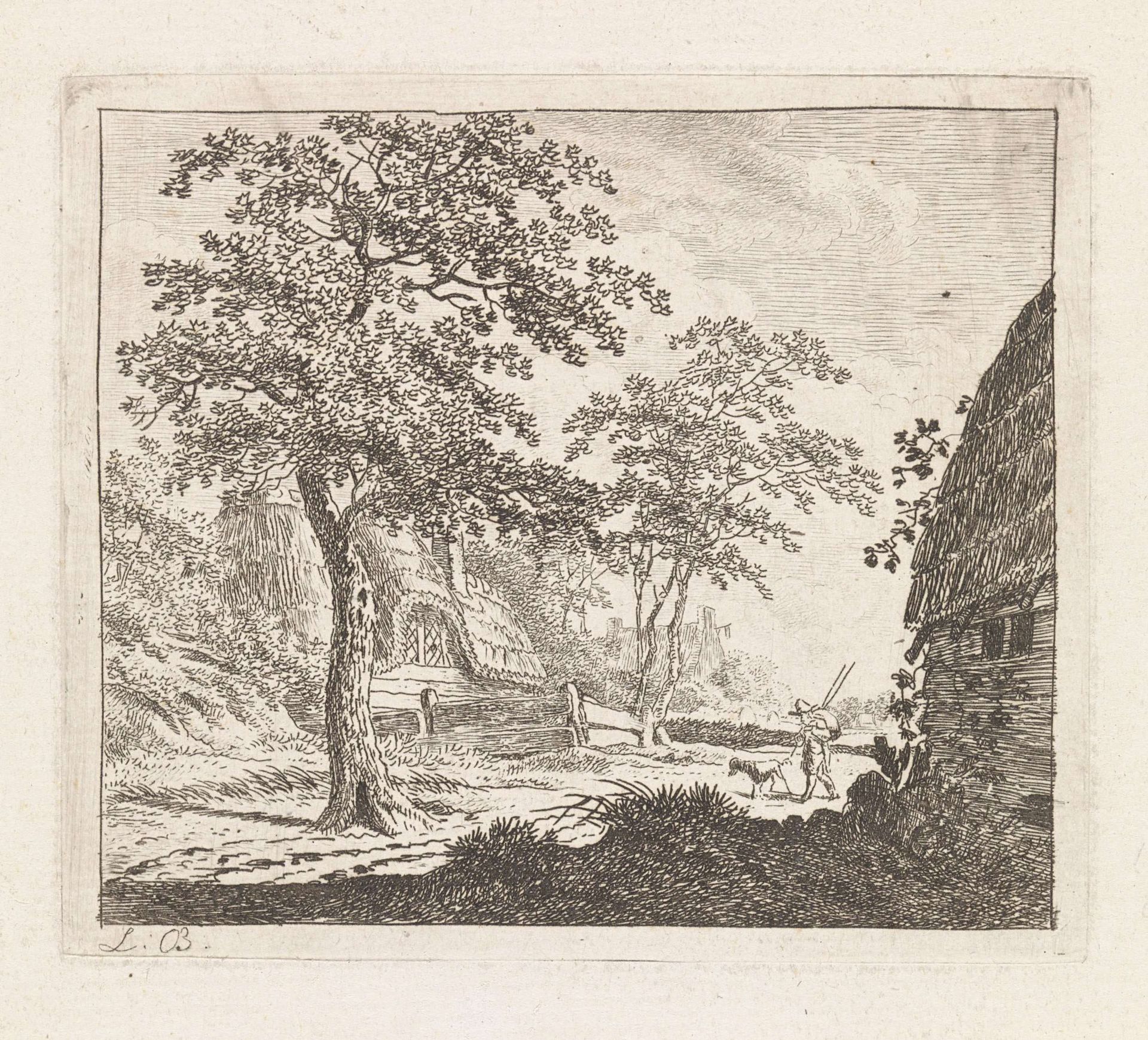 Landschap met wandelaar met hond by Leendert Overbeek