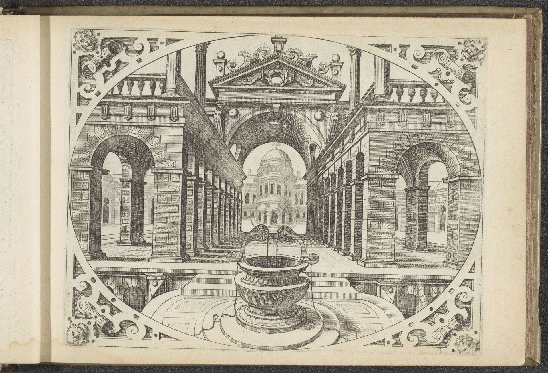 Gezicht in een straat met colonnades aan weerszijden en een waterput op de voorgrond by Johannes of Lucas van Doetechum