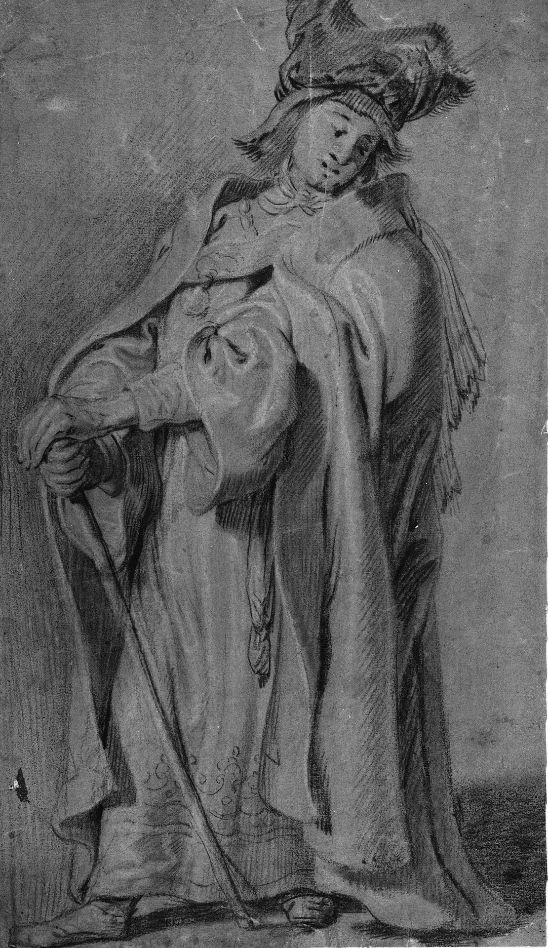 Stående figur, vendt mod venstre, i kappe og pelshue, støttende sig ved en stav. by Mander III, Karel van