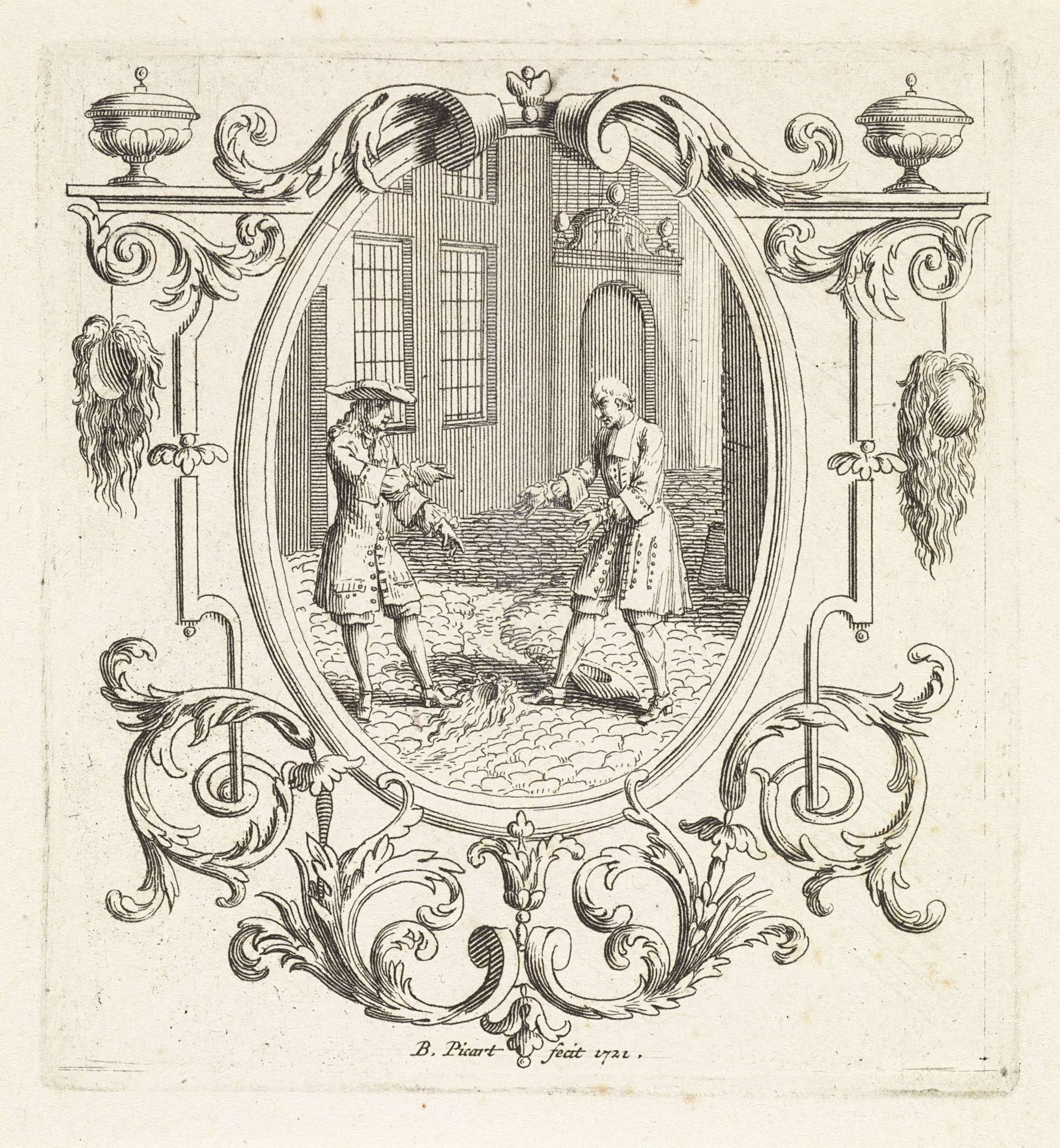 Twee mannen bij een afgewaaide pruik en hoed by Bernard Picart
