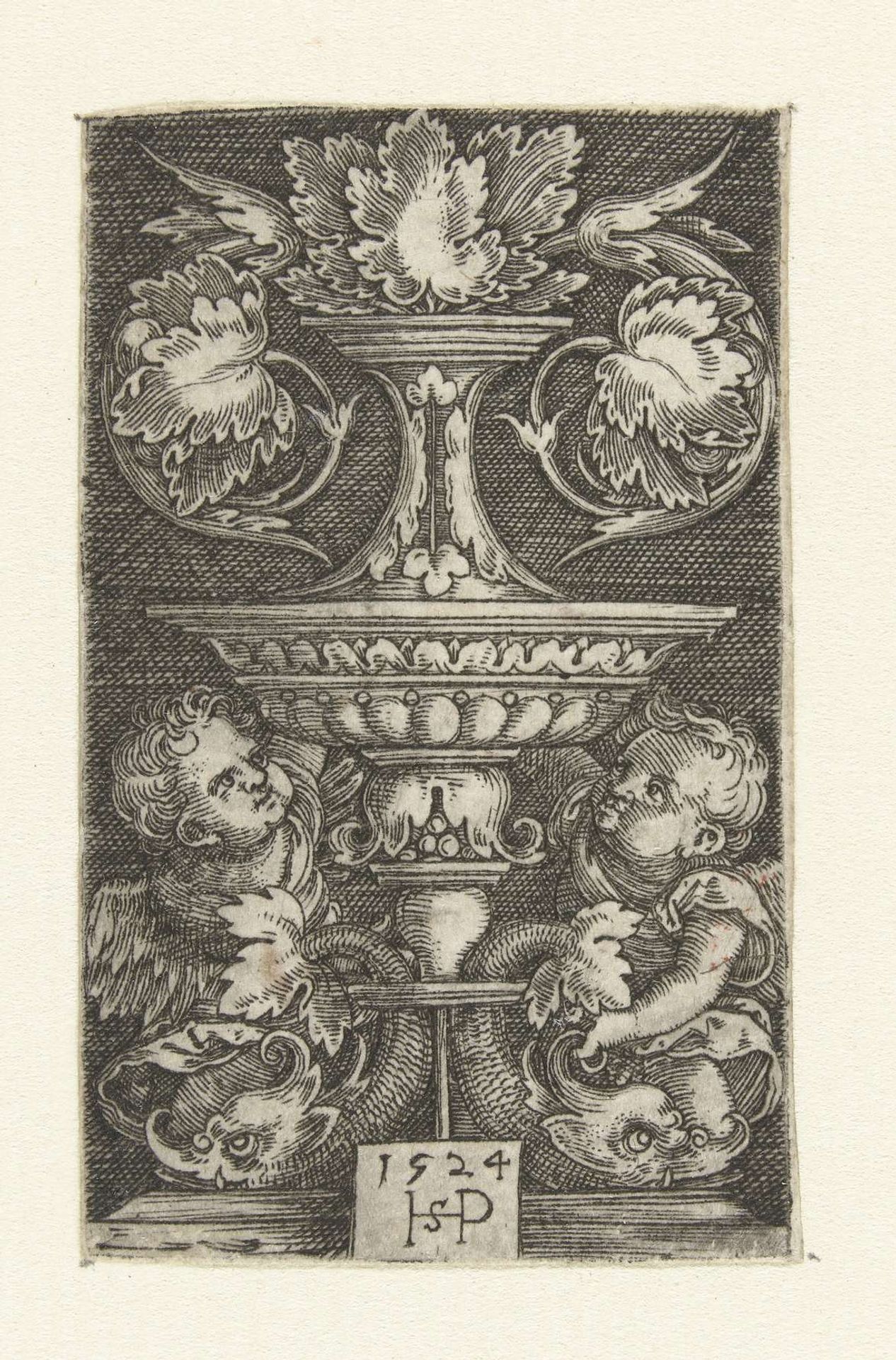 Vaas met bladranken, rustend op twee dolfijnen by Sebald Beham