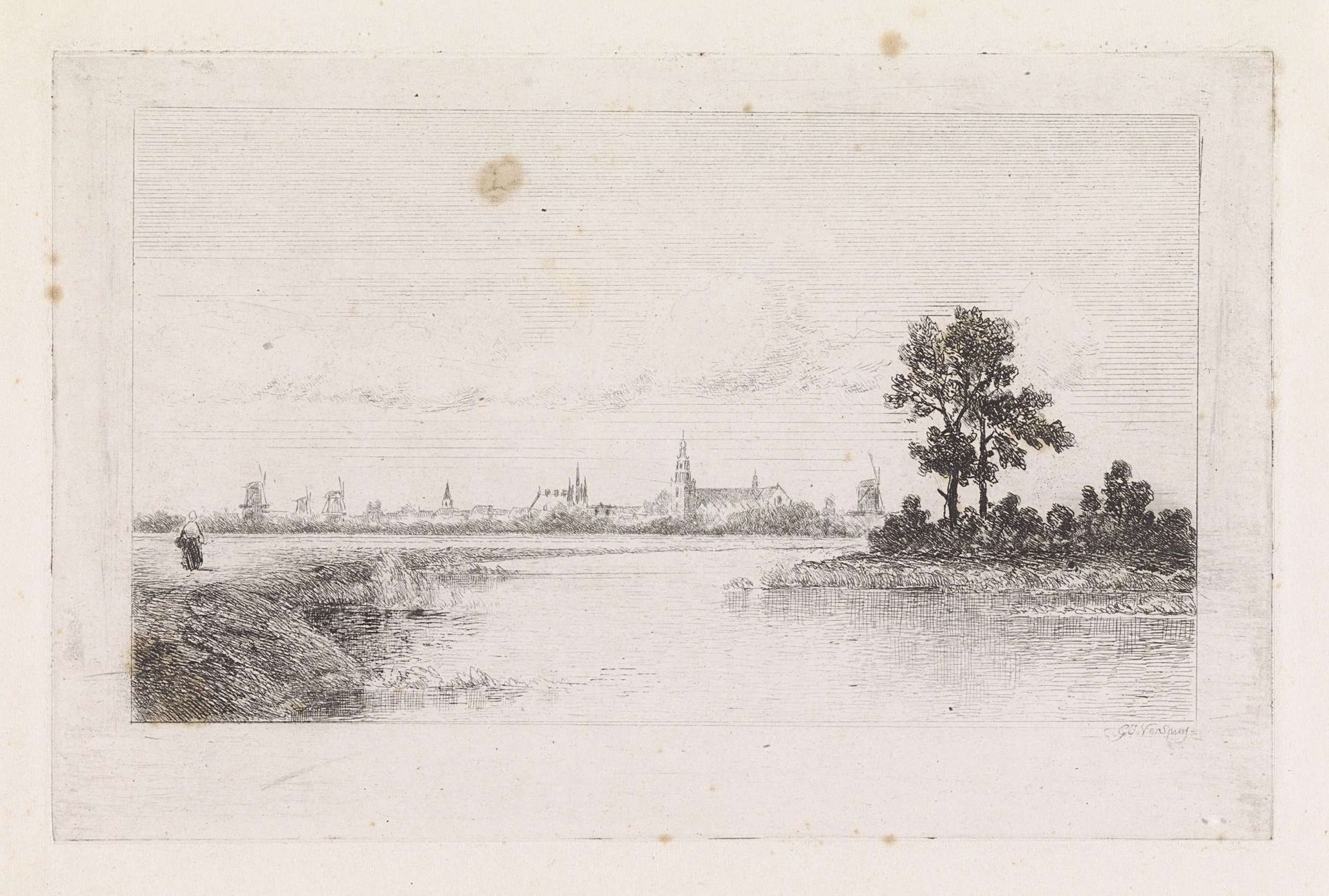 Rivierlandschap met stadsprofiel by Gijsbertus Johannes Verspuy