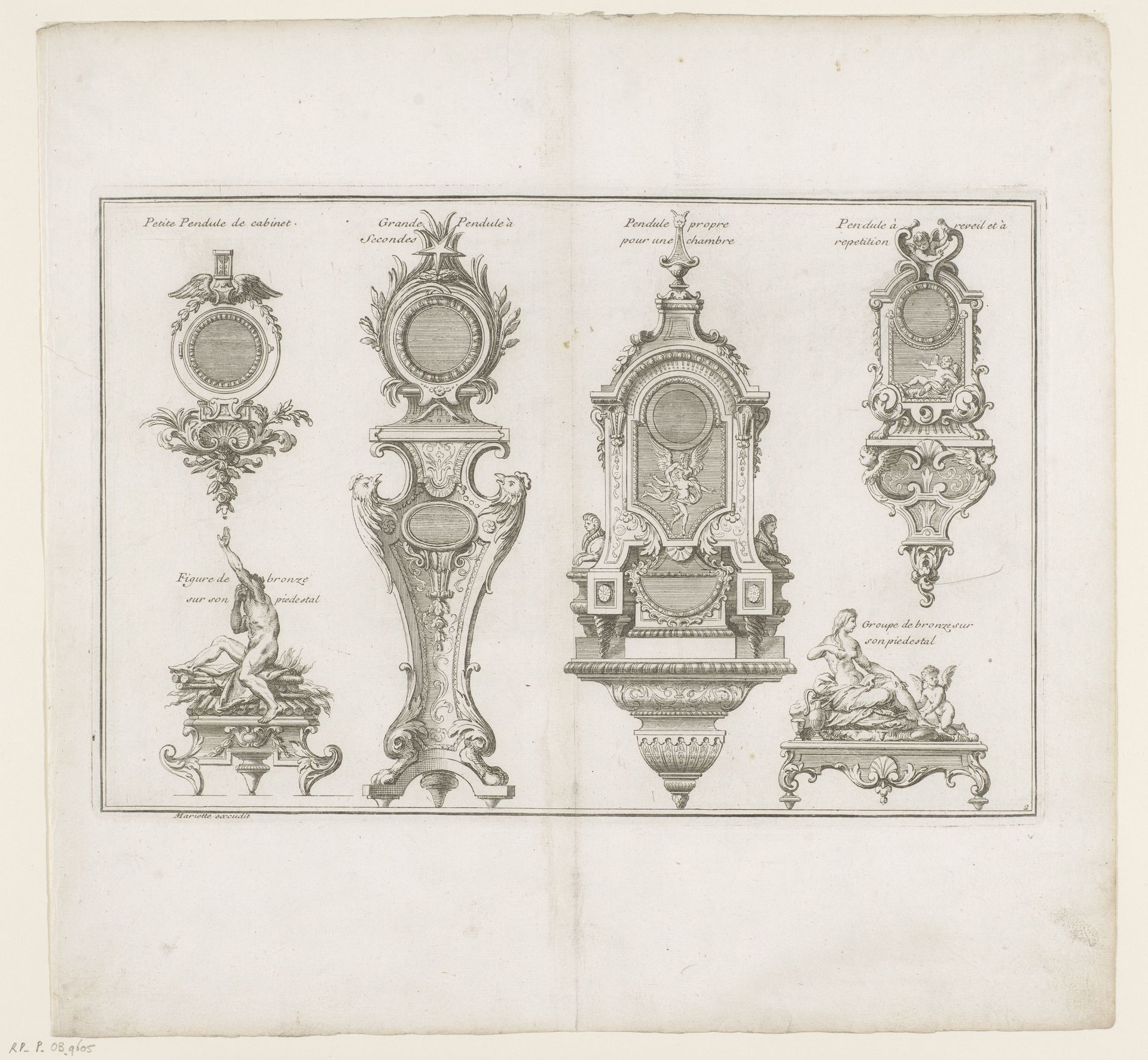 Vier pendules en twee bronzen by André Charles Boulle