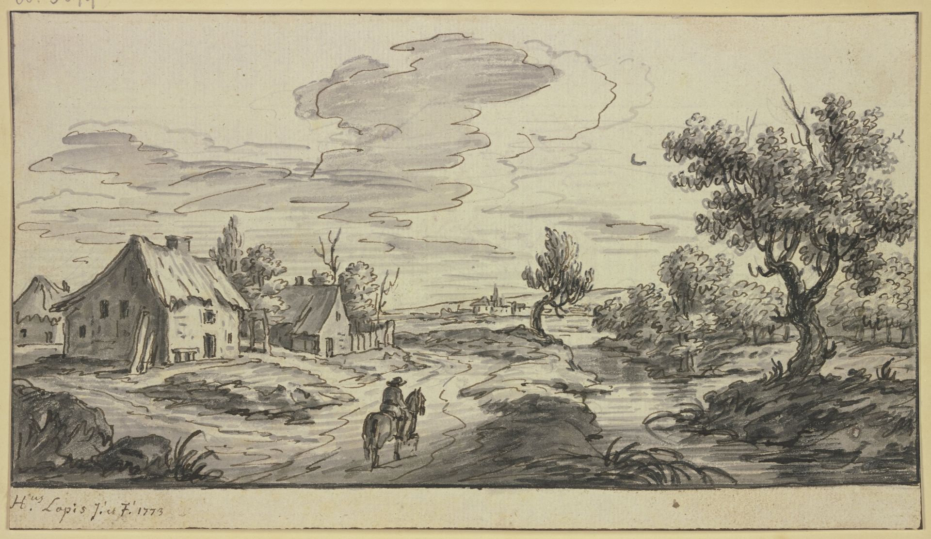Dorf an einem Bach, auf dem Weg ein Reiter by Hieronymus Lapis