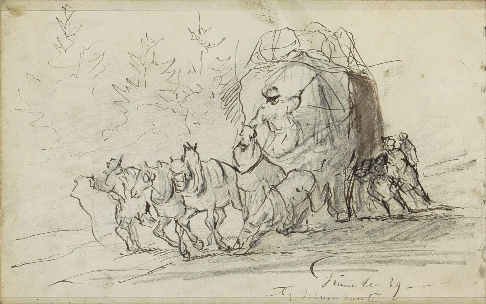 Groep paarden aangedreven door enkele figuren by Johannes Tavenraat
