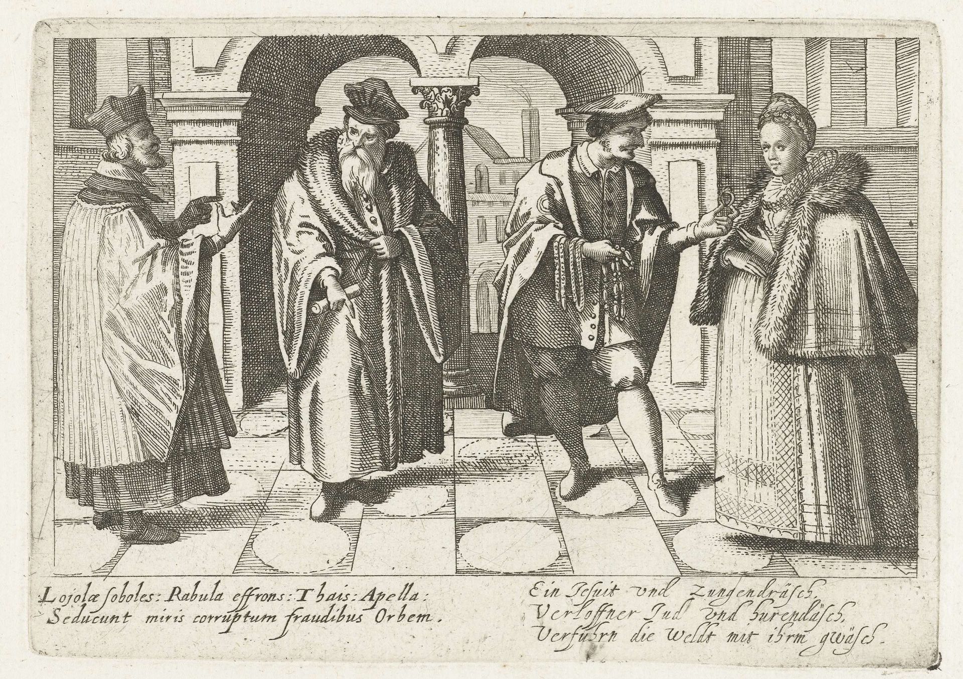 Joodse koopman, priester en een Jezuïet proberen een vrouw hun gedachtegoed en waar te verkopen by Jacob van der Heyden