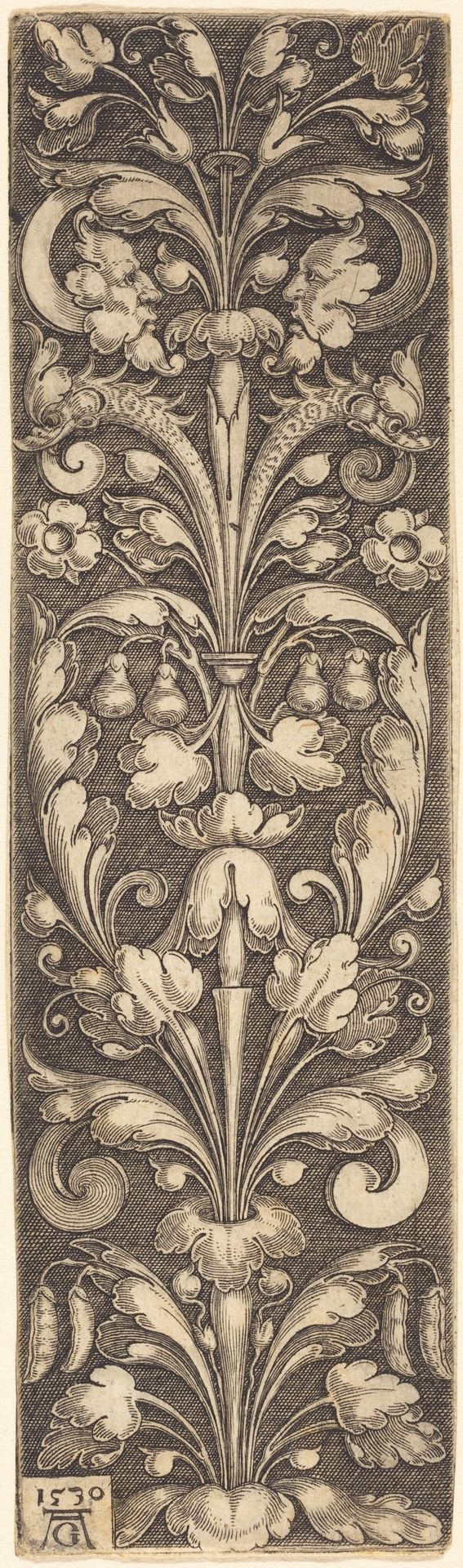 Sprig of Ornamental Foliage with Two Masks and Two Dolphins by Heinrich Aldegrever