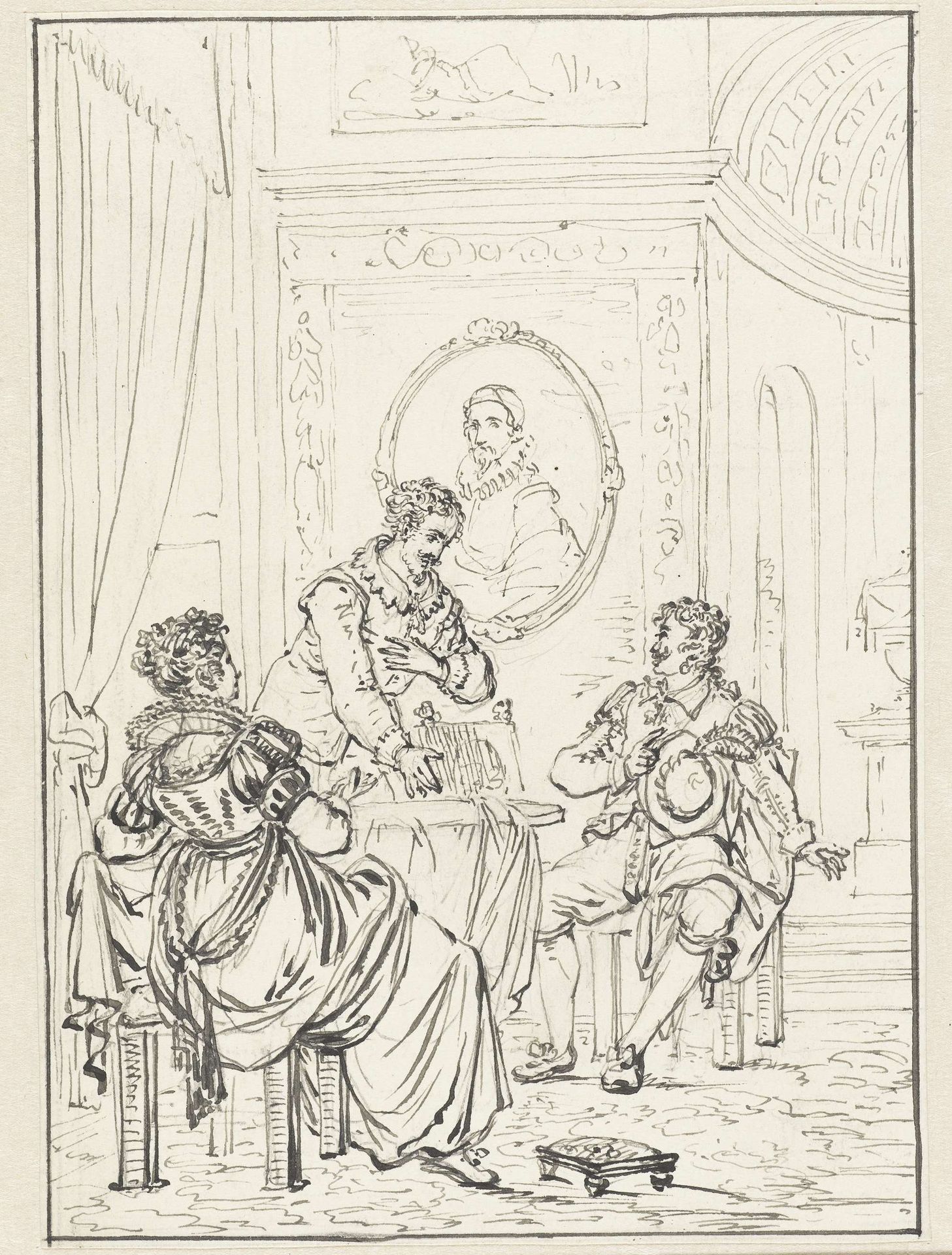 Historische scène met interieur met drie personen by Pieter Bartholomeusz. Barbiers
