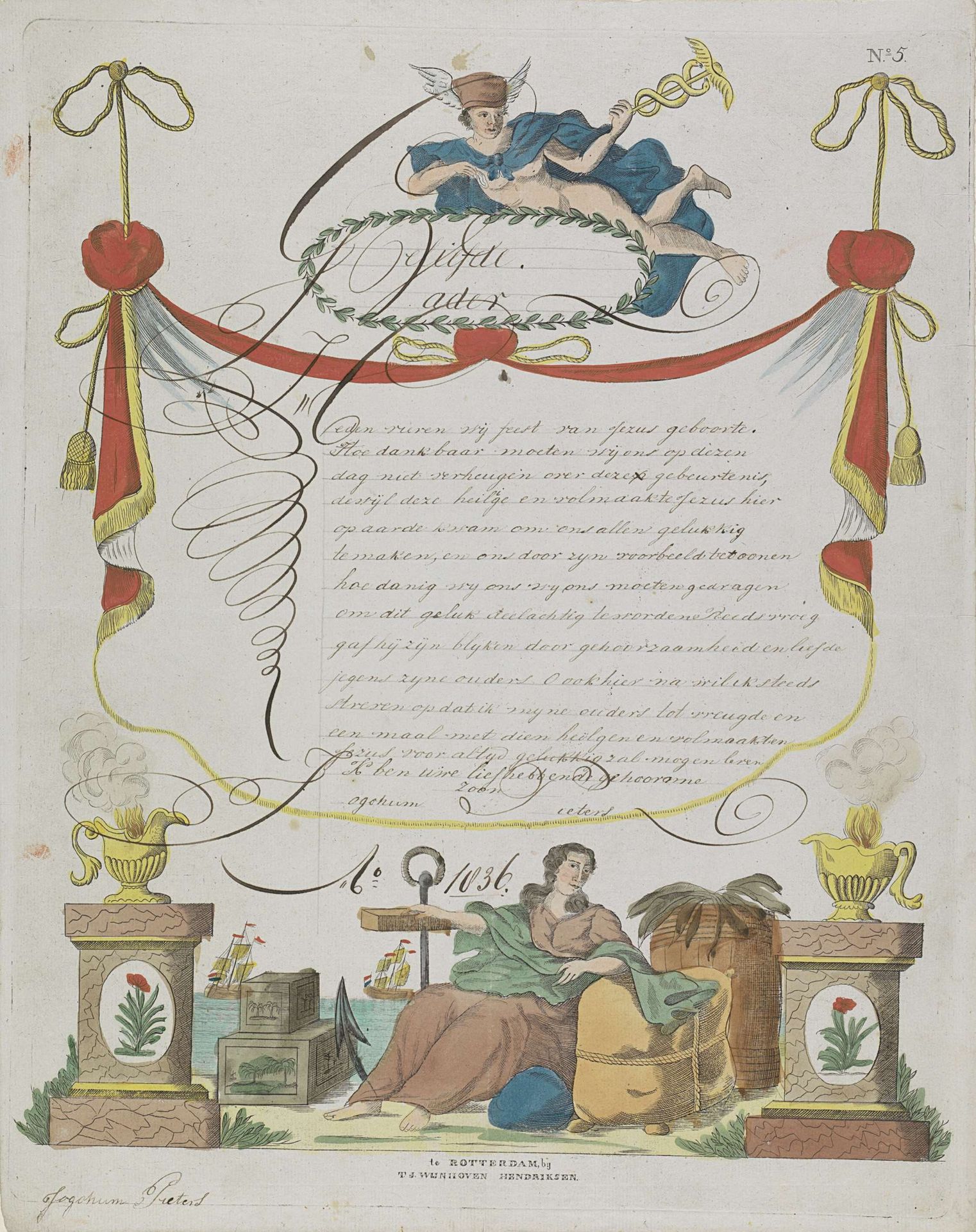 Wensbrief met Mercurius en Hoop by Theodorus Johannes Wijnhoven-Hendriksen
