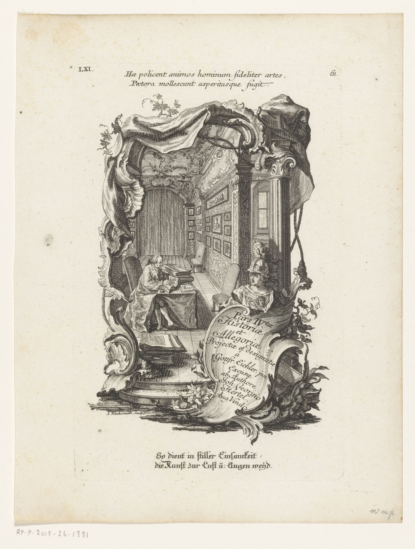 Rocaille omlijsting met een lezende man in een interieur by Jeremias Wachsmuth