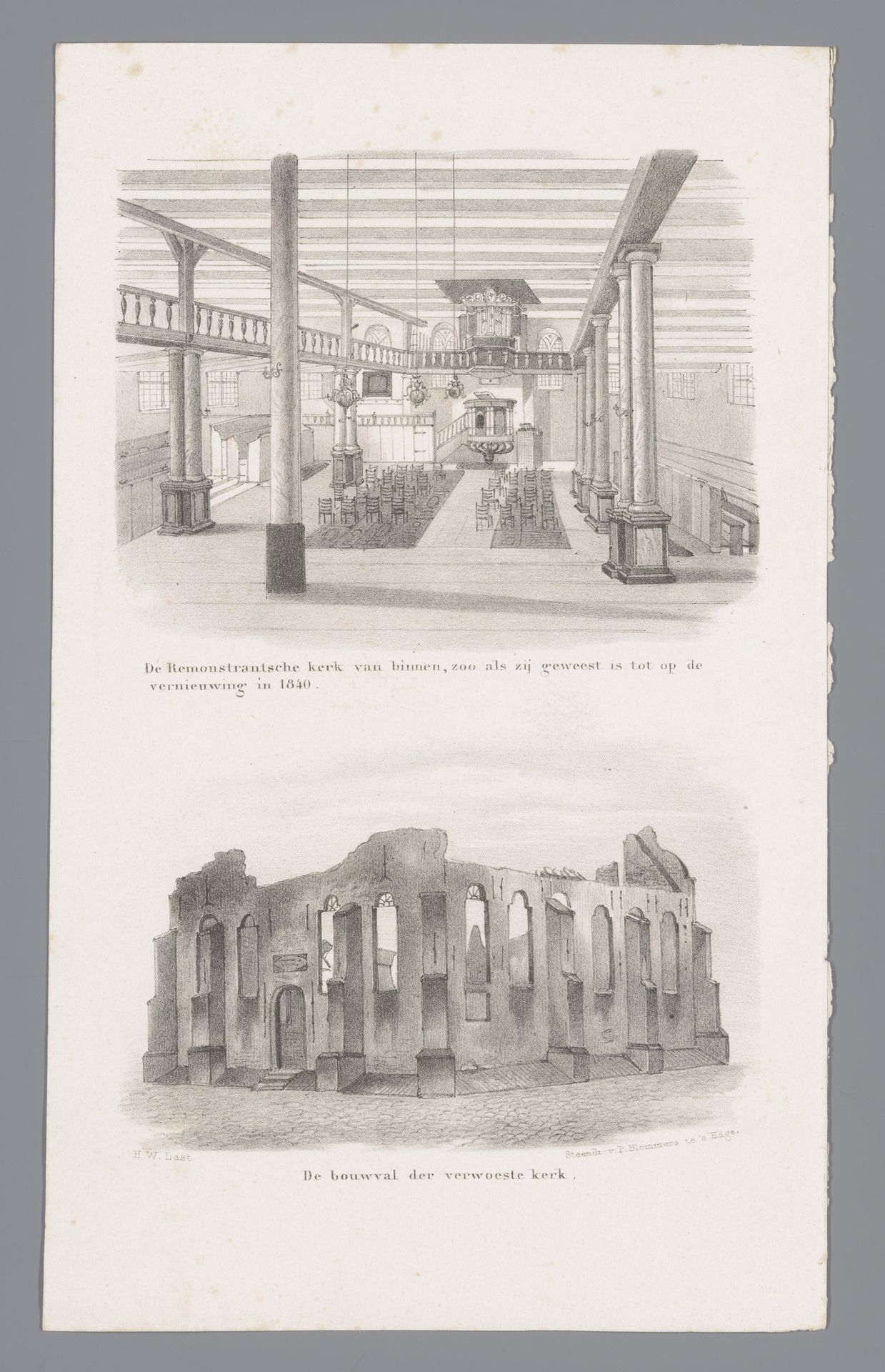 Interieur van de Remonstrantse Kerk en bouwval van de verwoeste kerk by Hendrik Wilhelmus Last