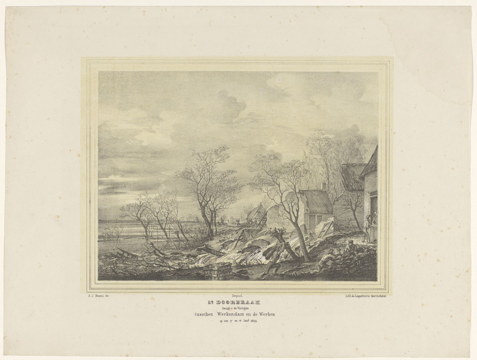 1e Doorbraak tusschen Werkendam en de Werken op den 17 en 18 Jan.ij 1849 / Gezigt v. de Westzijde by Johannes Beunis