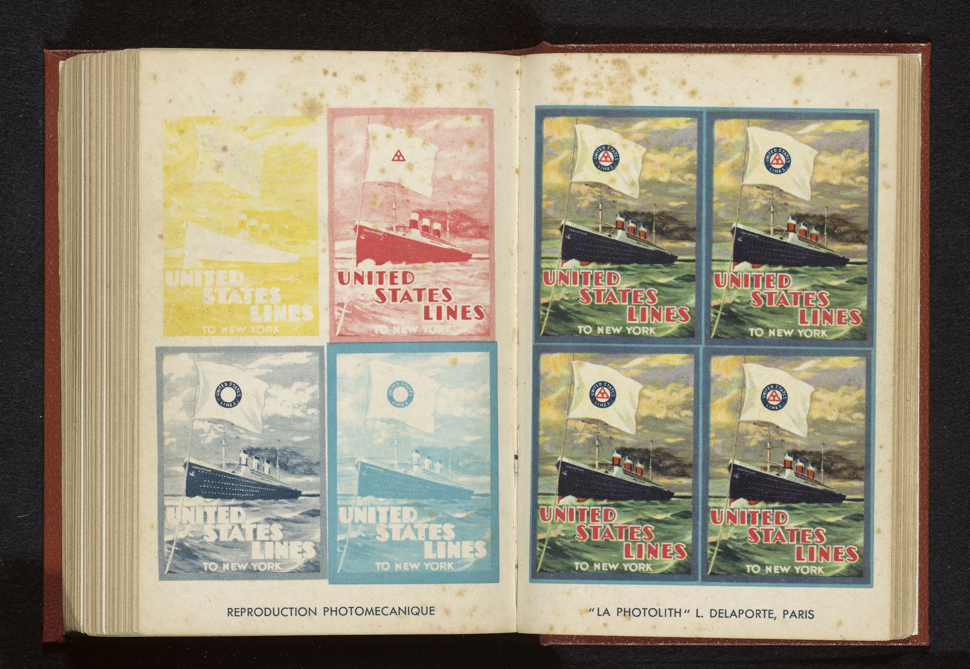 Acht fotoreproducties in verschillende kleurenstaten van een prent, voorstellend een boot van de United States Lines by La Photolith L. Delaporte