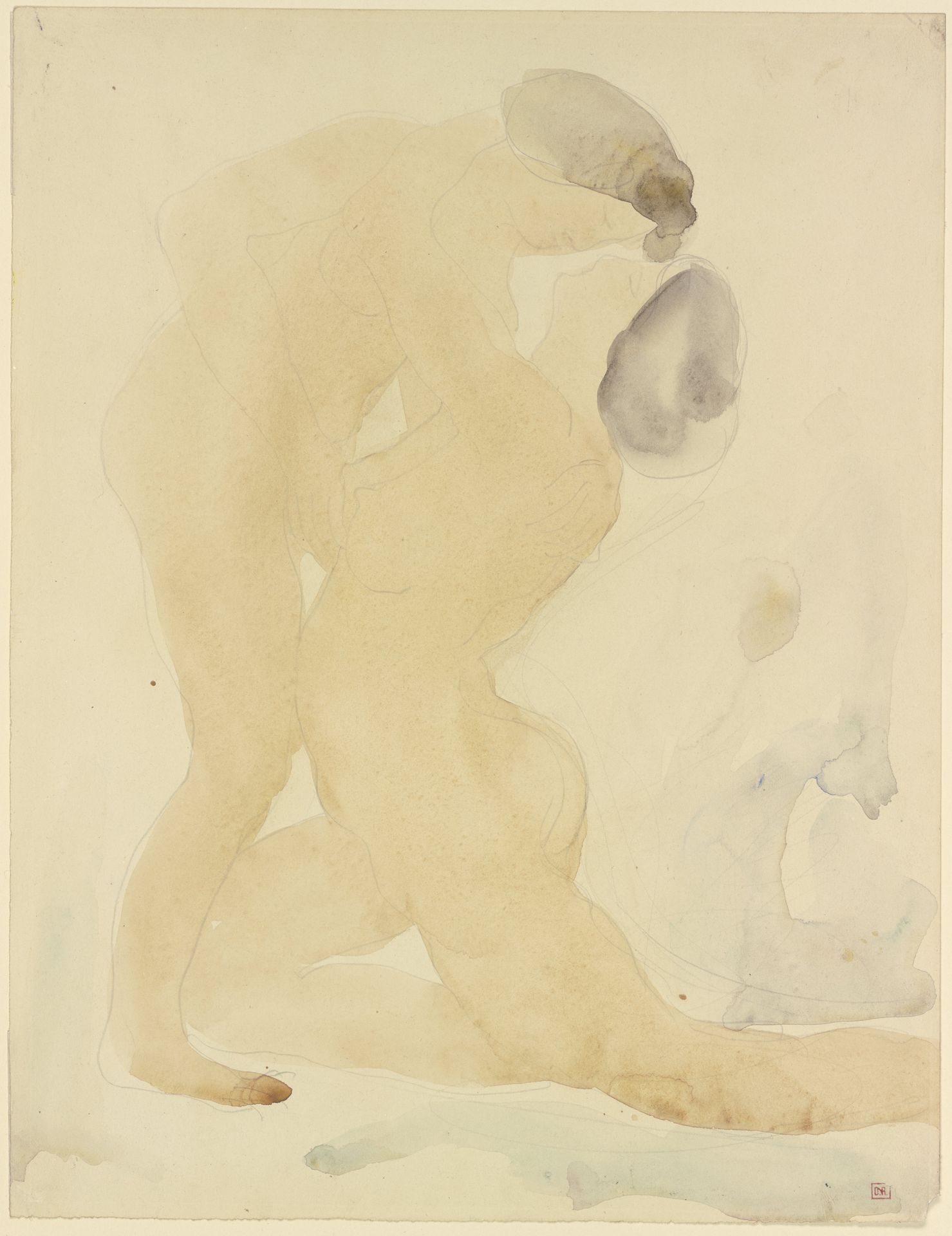Zwei Frauen umschlingen sich und blicken sich an, die rechte kniet by Auguste Rodin