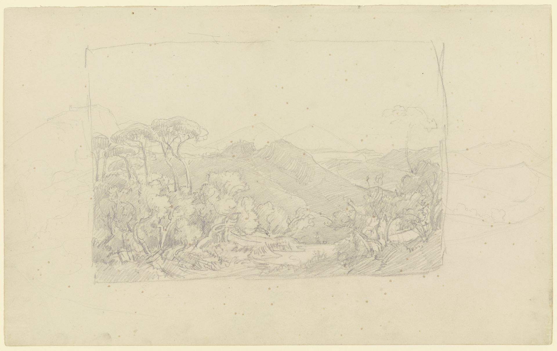 Sabiner Berge, im Vordergrund eine Piniengruppe by August Lucas