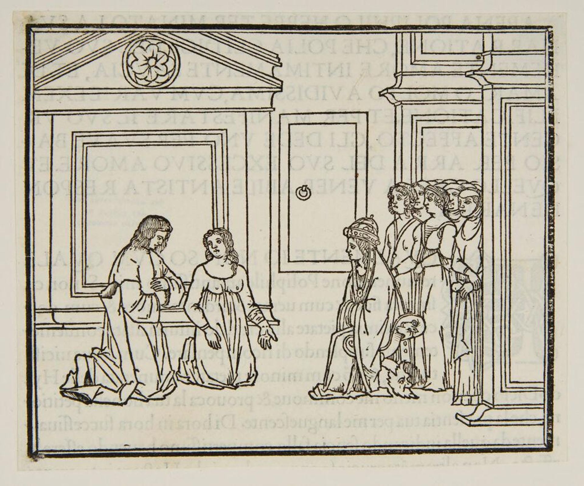 Poliphilus and Polia kneeling before the priestess of Venus (D ii) by Anonymous
