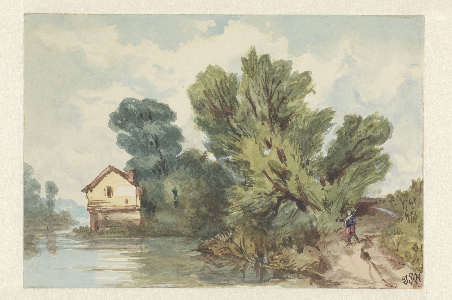 Landschap met wandelaar en huis aan het water by Judith Ph. Metelerkamp