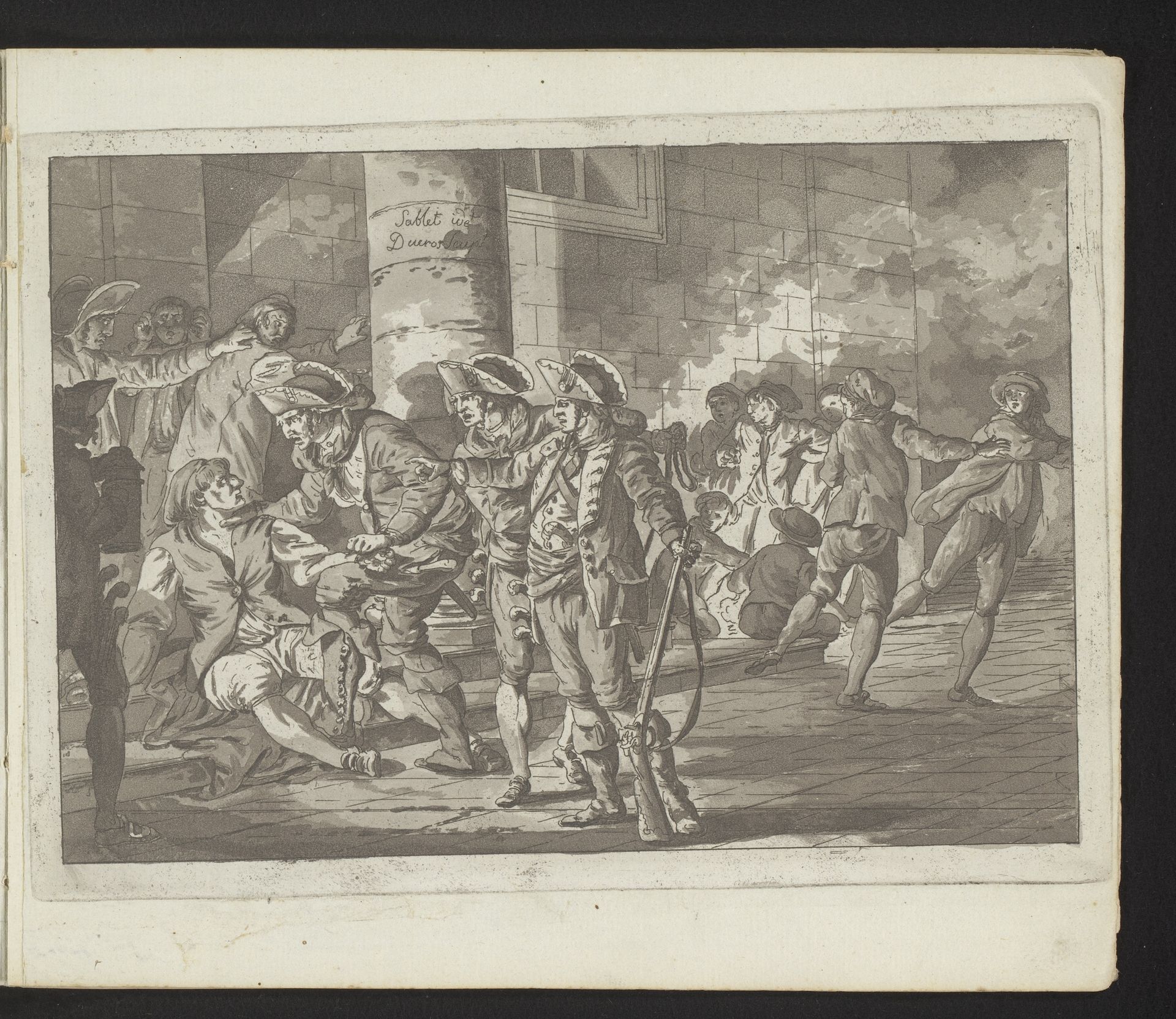 Man op straat wordt opgepakt door soldaten by Louis Ducros