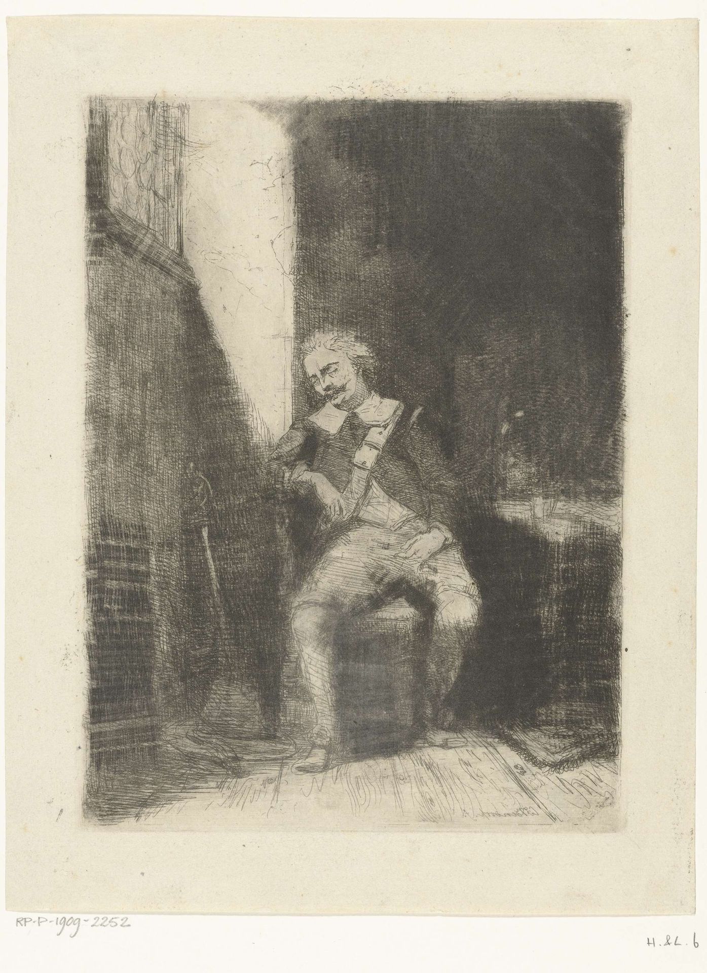Soldaat slaapt op stoel bij raam by Carel Frederik (II) Bendorp