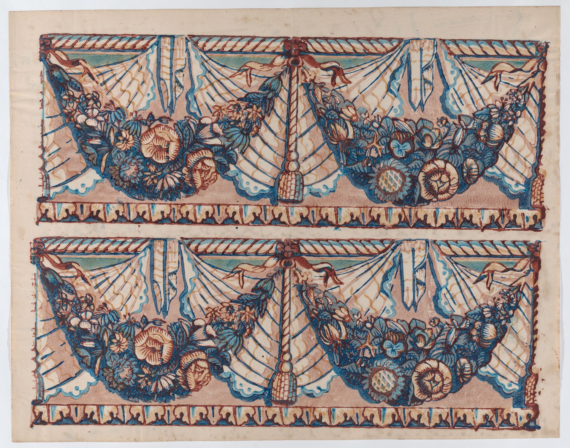 Sheet with a two borders with hanging drapery and two blue floral garlands by Anonymous