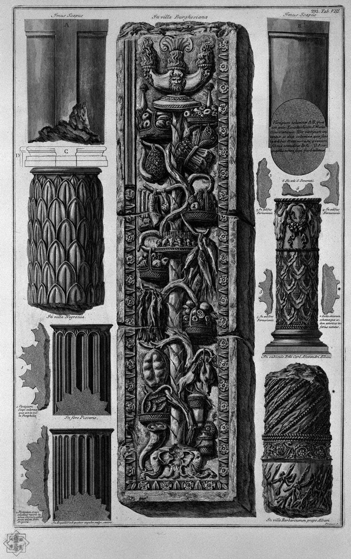 Drums of columns and bas-relief of Roman Villas by Giovanni Battista Piranesi