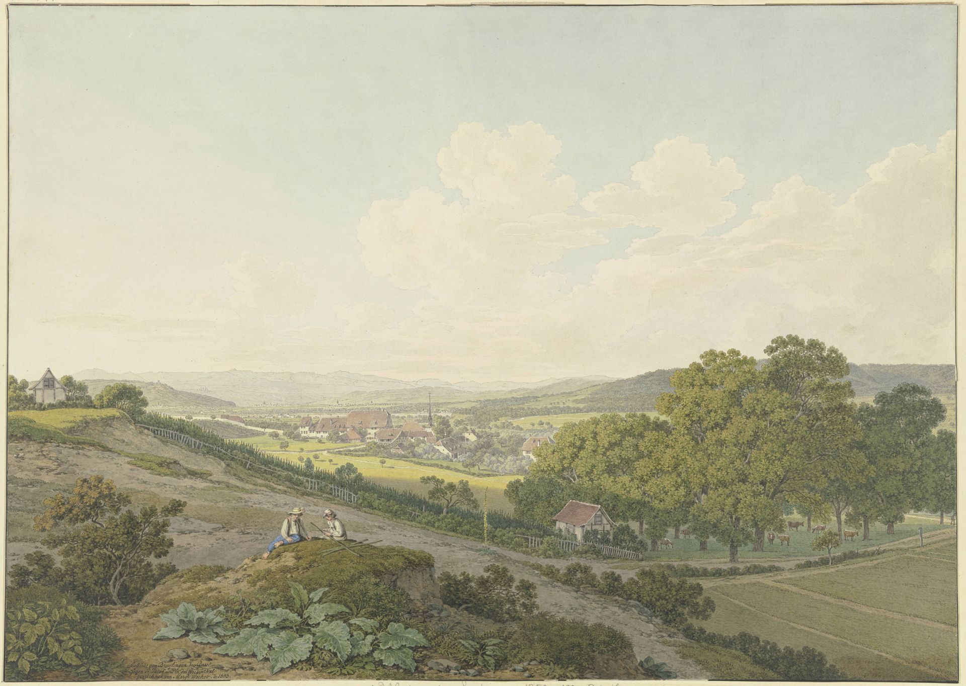 Blick von einer Anhöhe auf das Dorf St. Jakob bei Basel mit spitzem Kirchturm by Marquard Wocher
