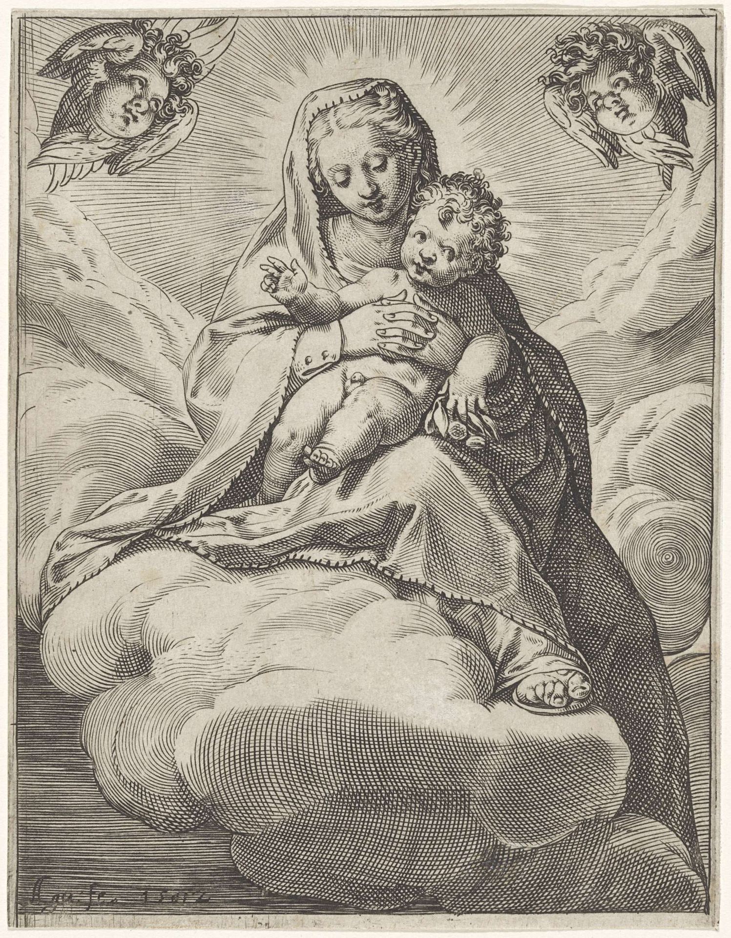 Maria met Kind in de wolken by Agostino Carracci