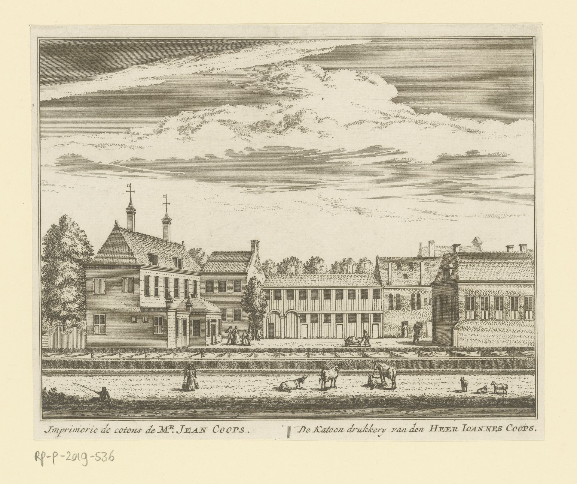 Gezicht op de katoendrukkerij van Joannes Coops aan de Amsteldijk by Abraham Rademaker