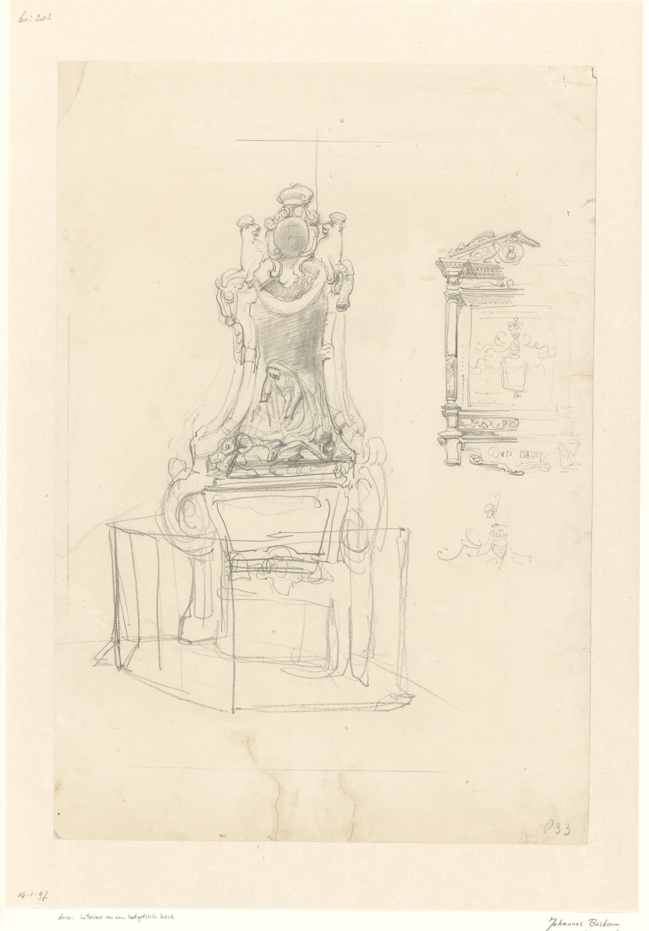 Schetsblad met studies van een grafmonument en een epitaaf by Johannes Bosboom