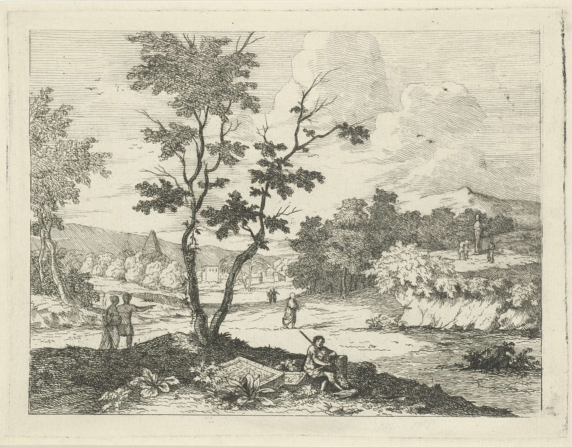 Italianiserend landschap met figuren by F.W. Musculus