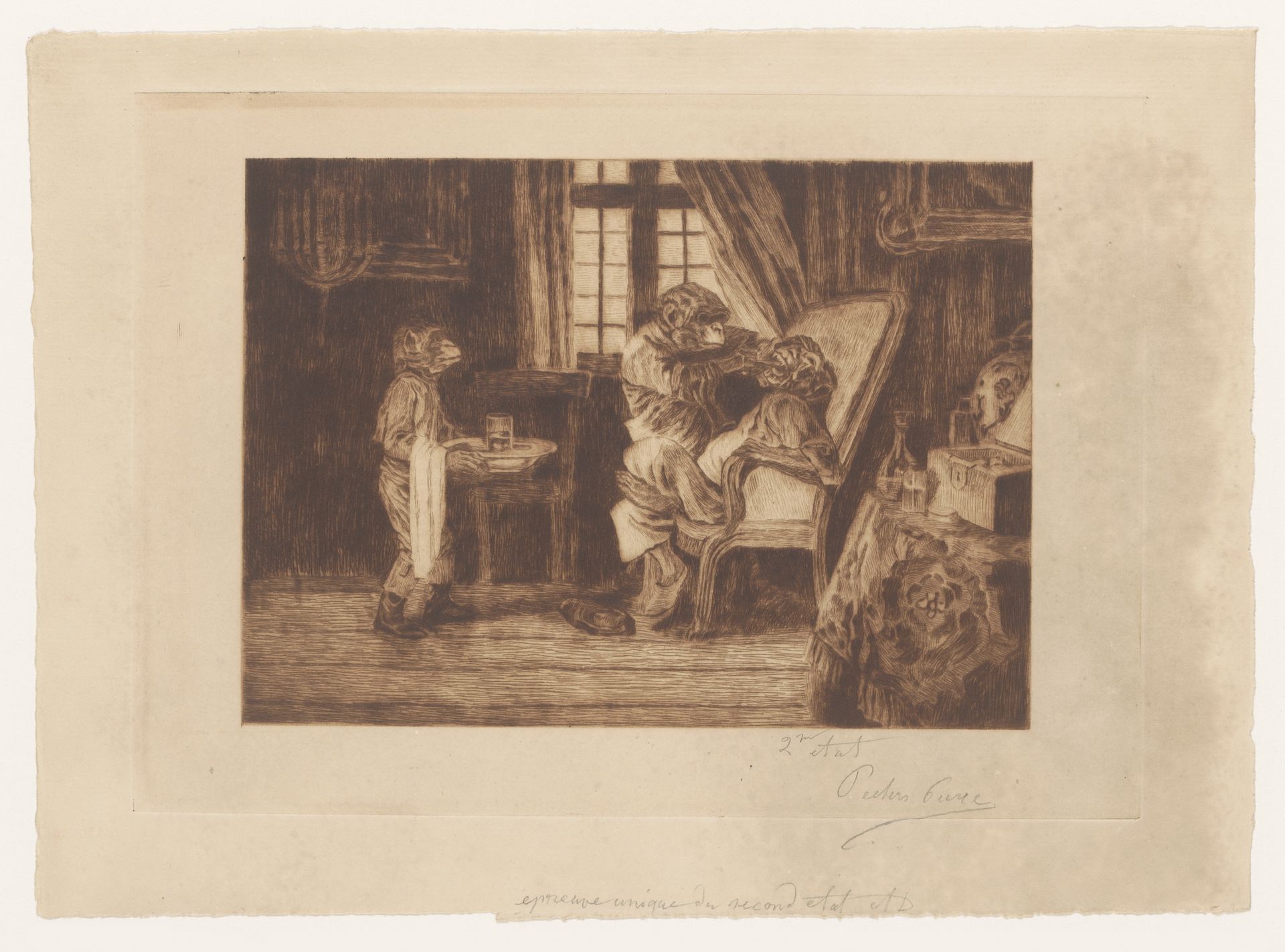 Satirische voorstelling van apen als tandarts, assistent en patiënt by Pierre Peeters