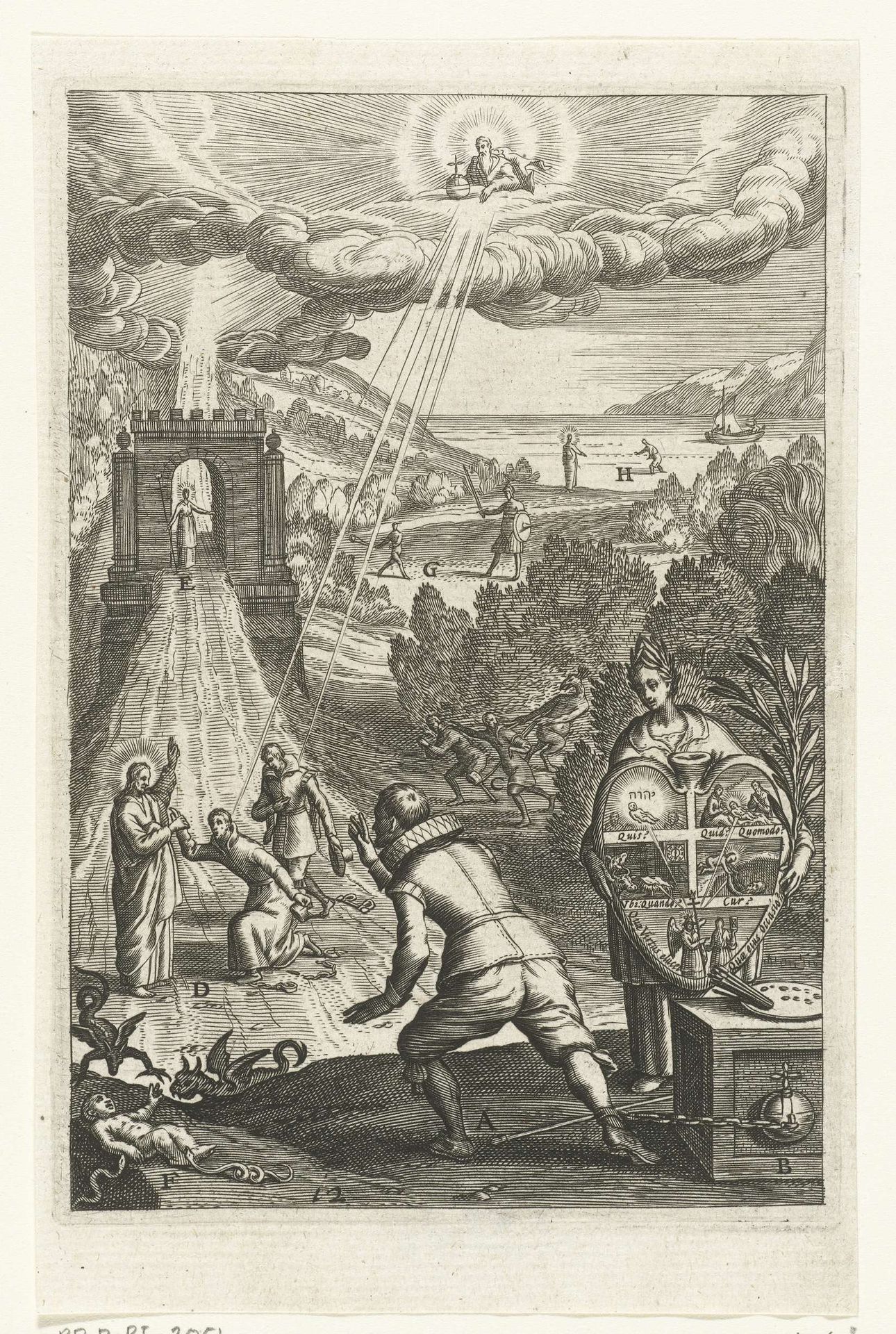 Embleem met man die ziet hoe vertrouwen in God een mens kan verlossen van zonden en doen leven in deugd by Boëtius Adamsz. Bolswert