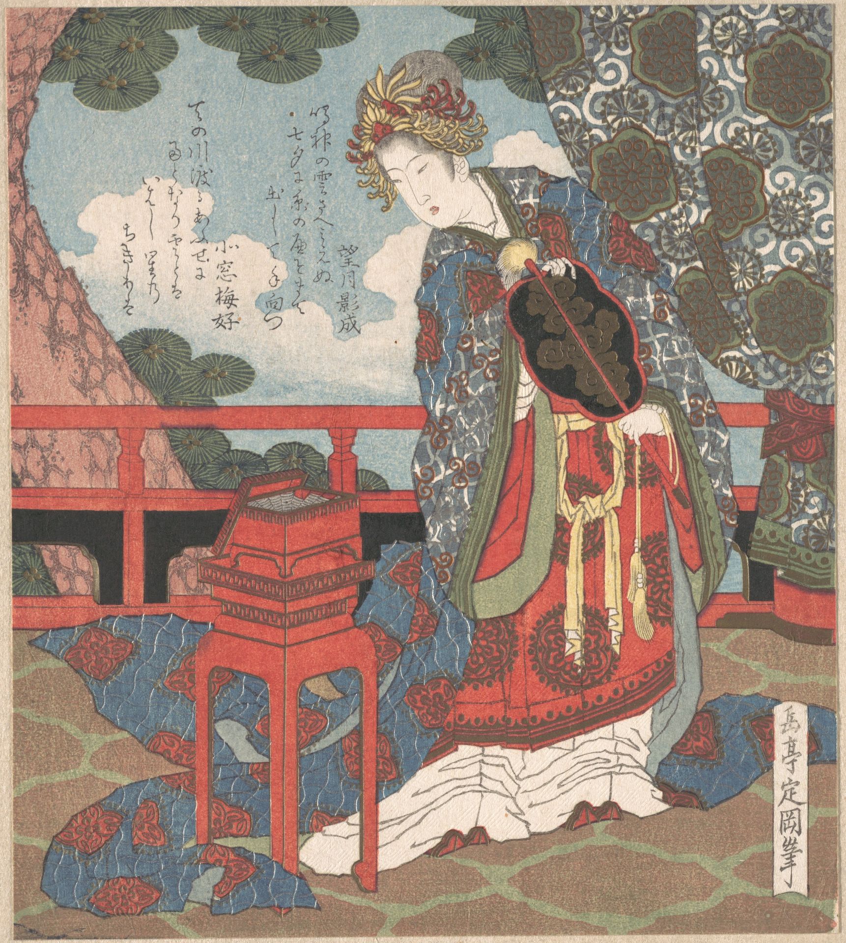 Lady with Fan Standing on Verandah by Yashima Gakutei 屋島岳亭