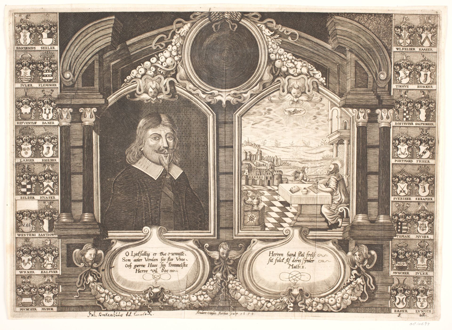Johan Brockenhuus samt scene med evangelisten Matthæus. Til Ligprædiken by Anders Ottesen