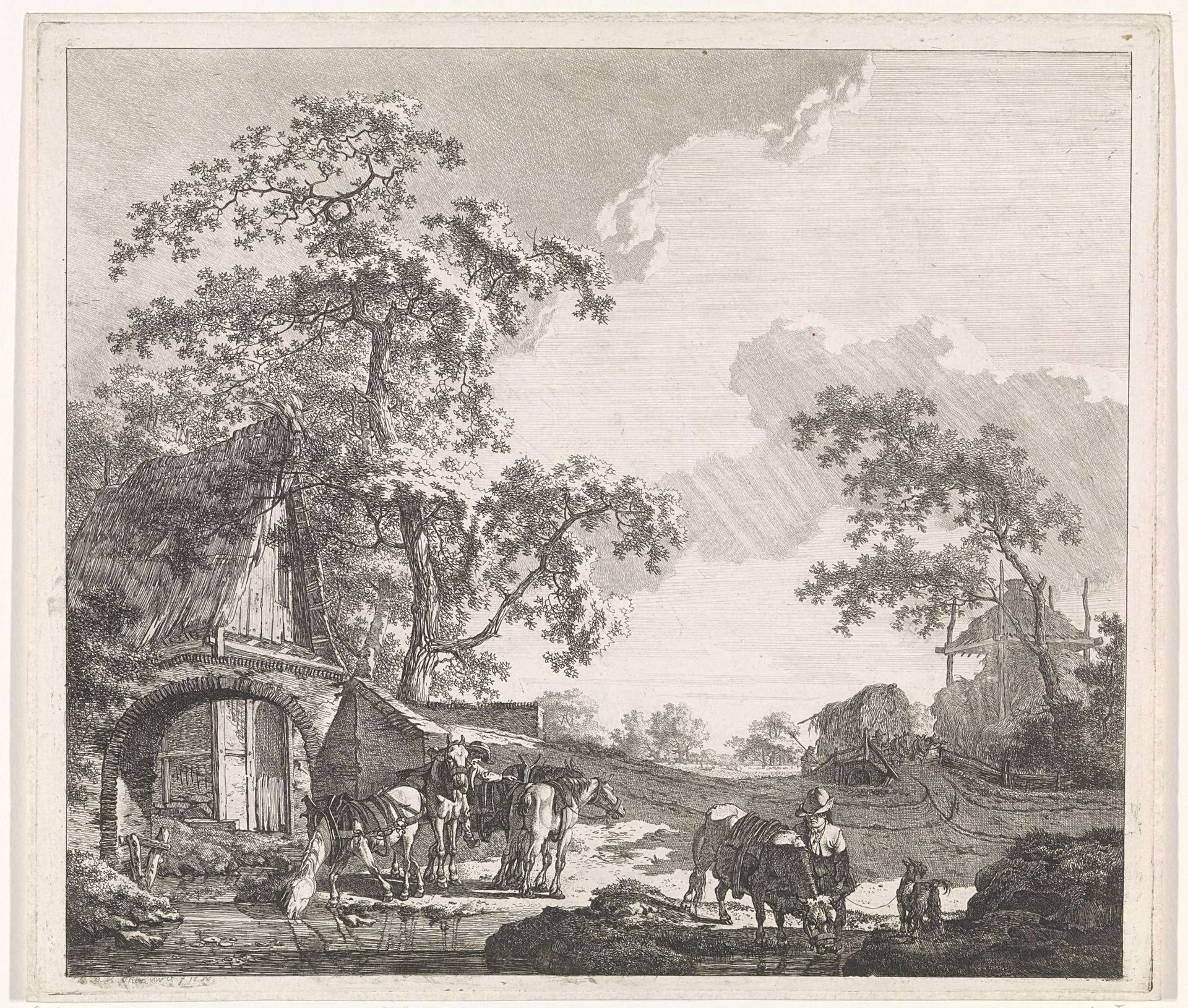 Boeren met paarden en ander vee bij een beek by Barend Hendrik Thier