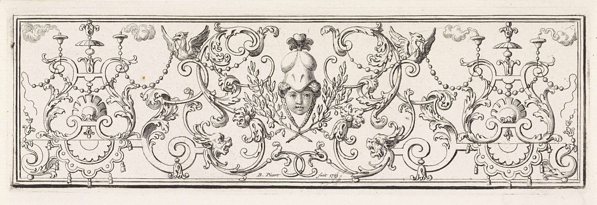 Ornament met een gezicht met muts by Bernard Picart