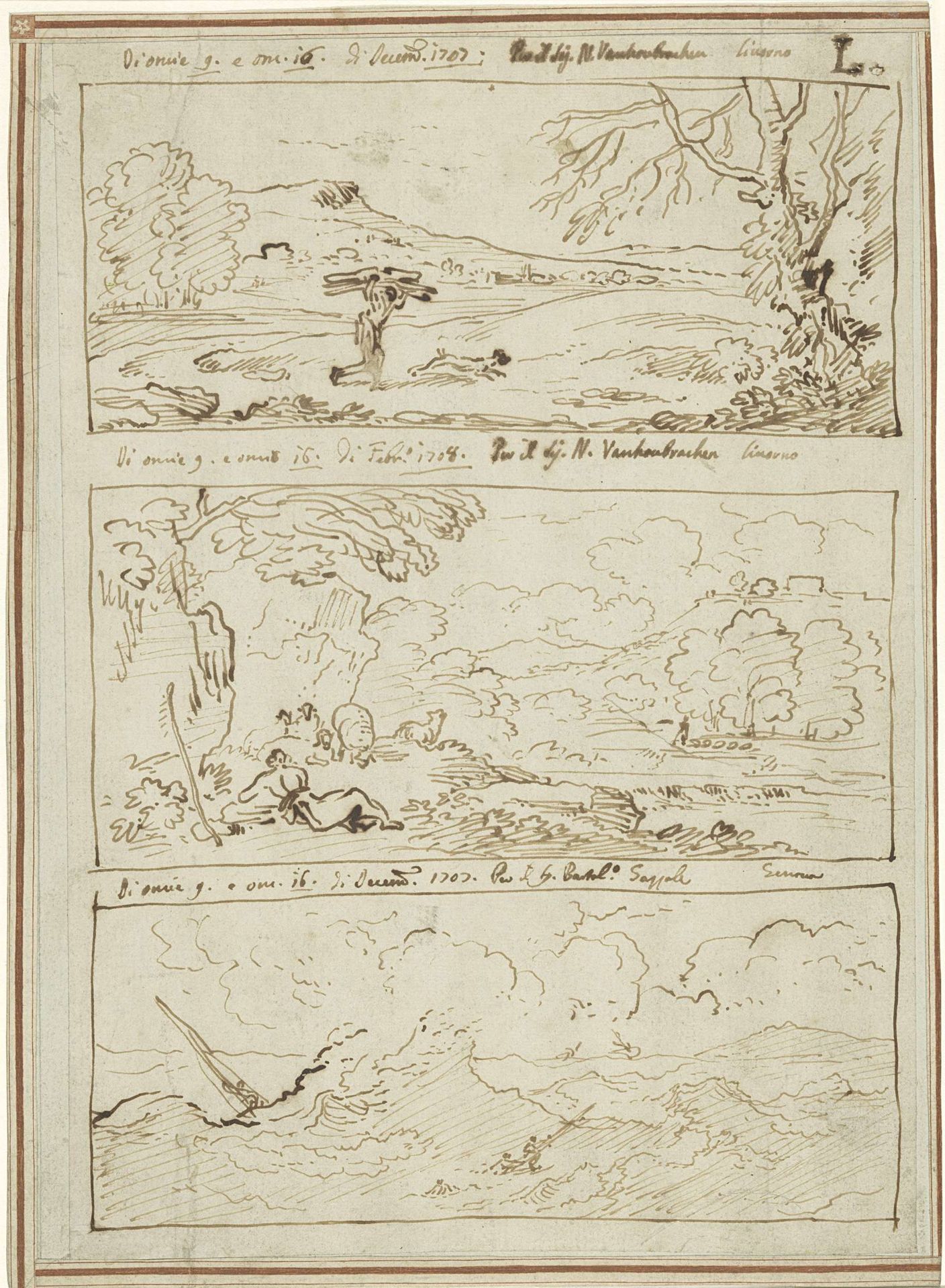 Ricordi van drie deurstukken met landschappen en een zee by Carlo Antonio Tavella