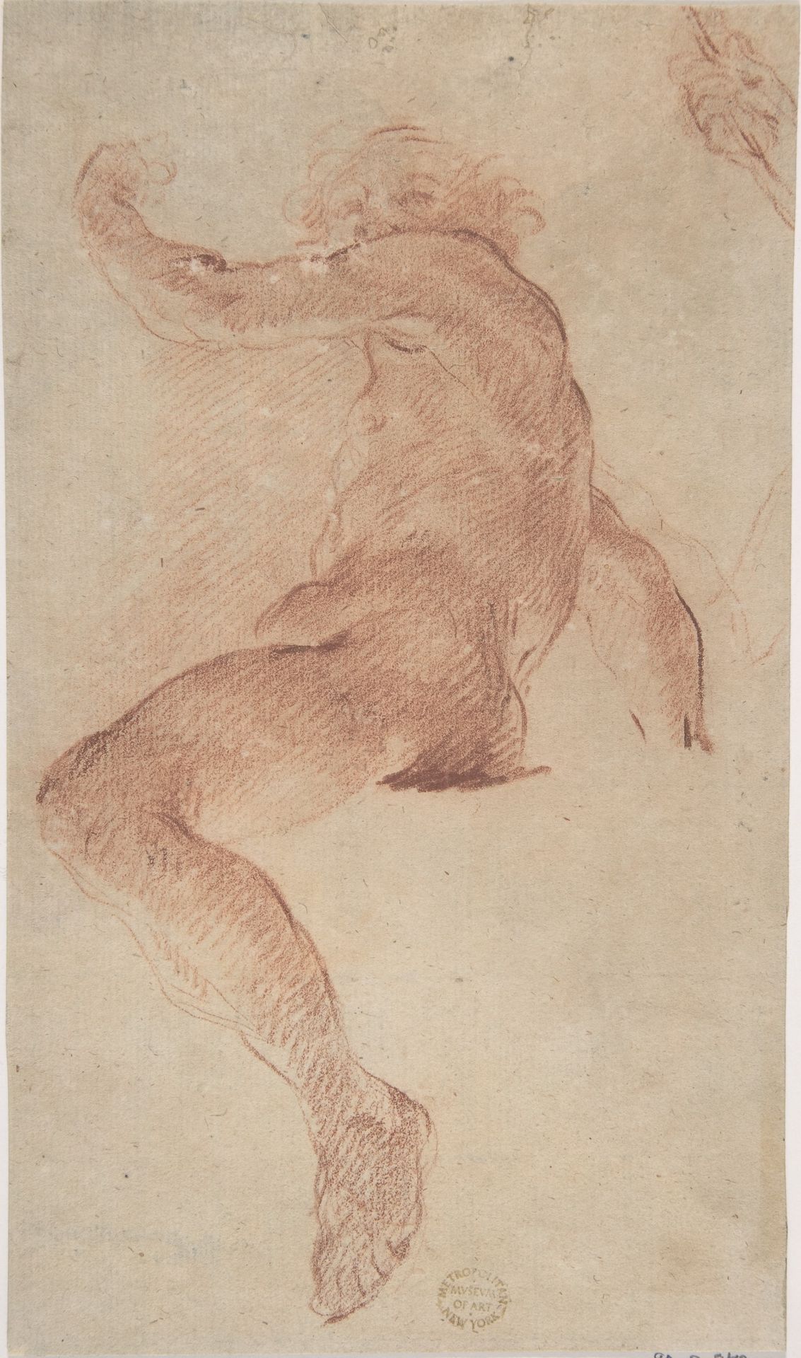 Seated Nude Male in Profile View Facing Left with Arm Raised; Fragment of Study of Right Hand by Anonymous