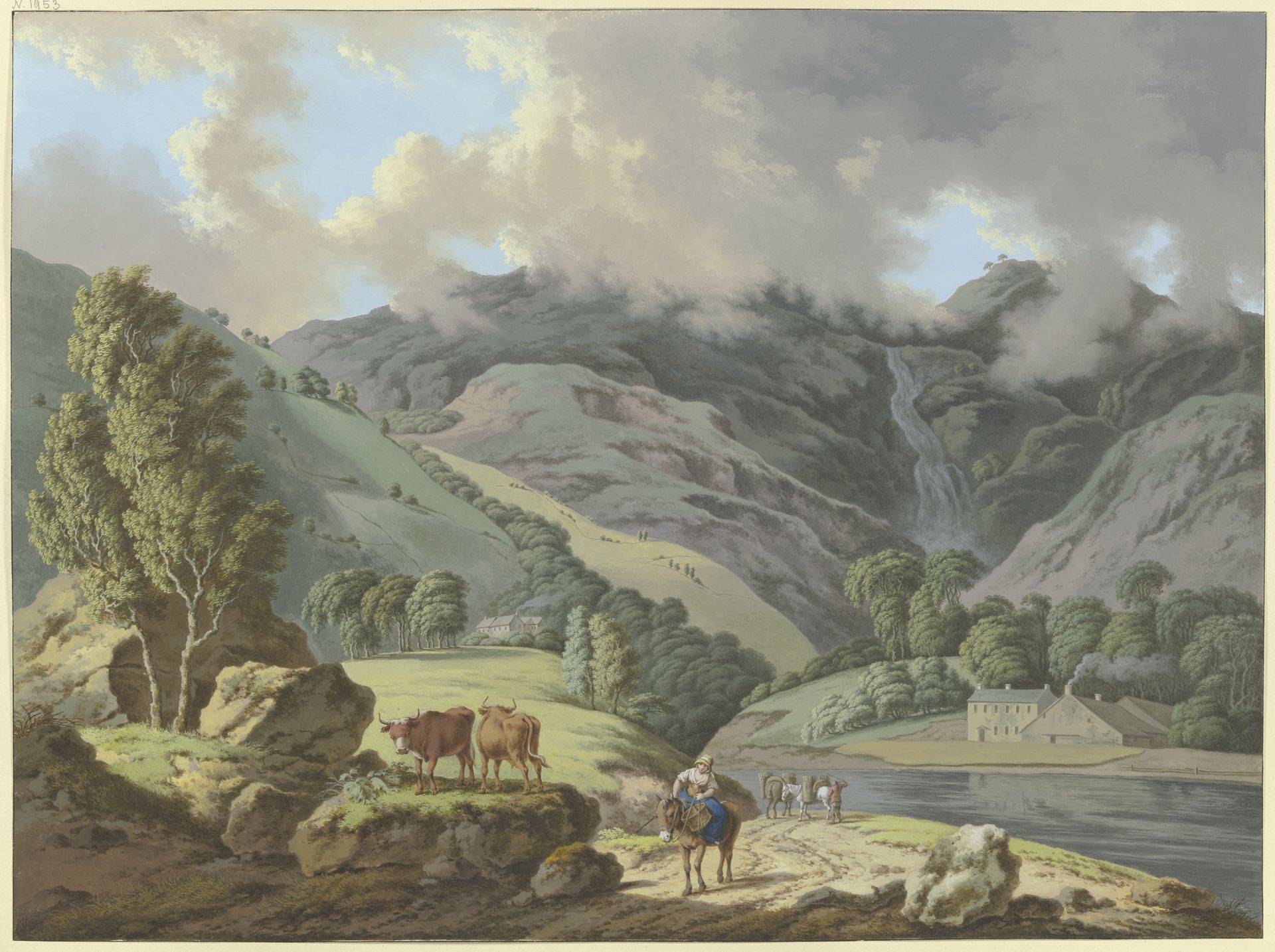 Berglandschaft mit einem Wasserfall und Flüßchen im Vordergrund by Karl Franz Kraul