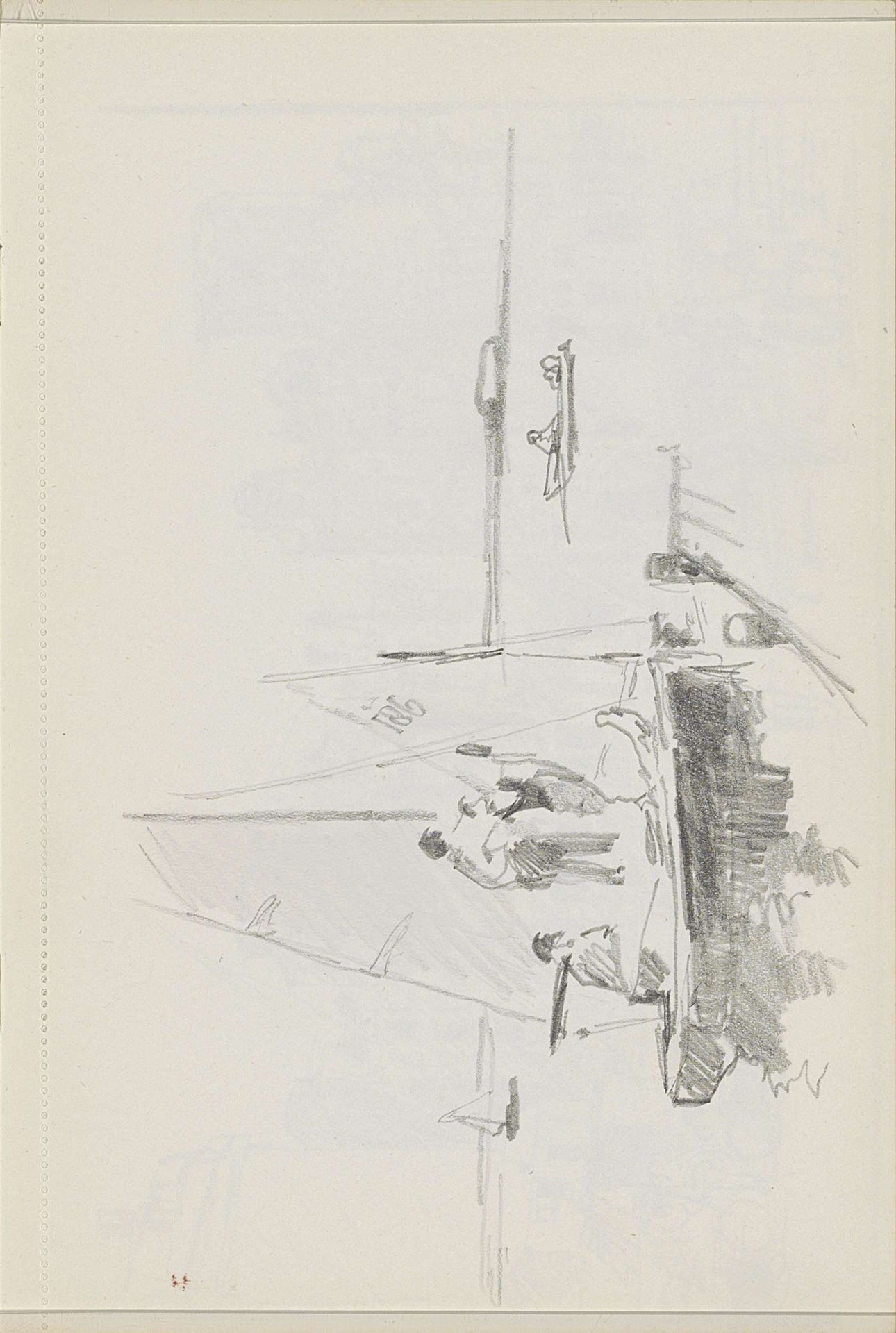Figuren op een zeilboot bij een aanlegsteiger by Cornelis Vreedenburgh