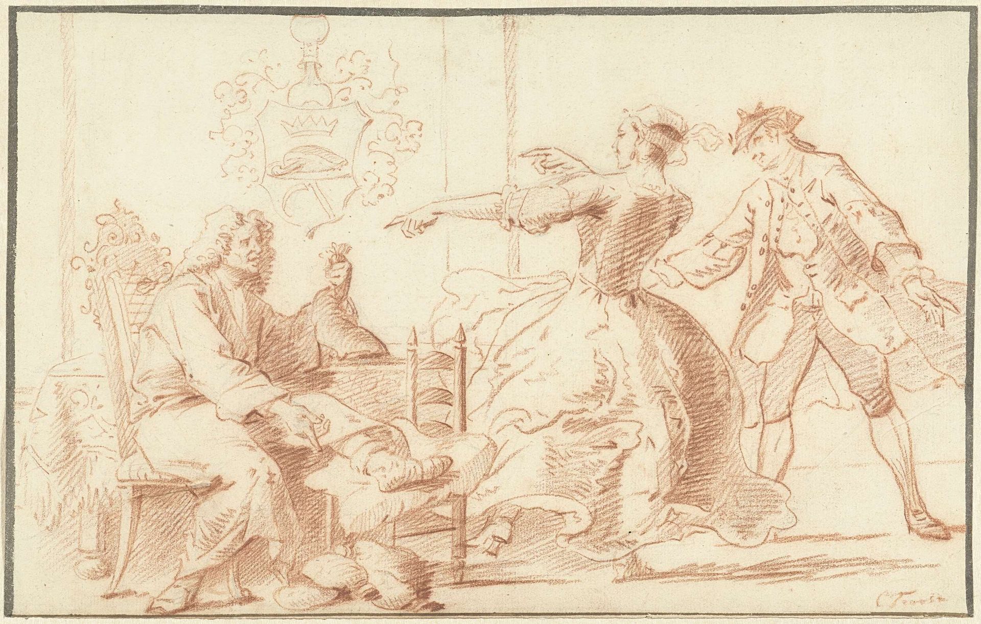 De rijke podagralijder, uitgelachen door een jonge vrouw by Cornelis Troost