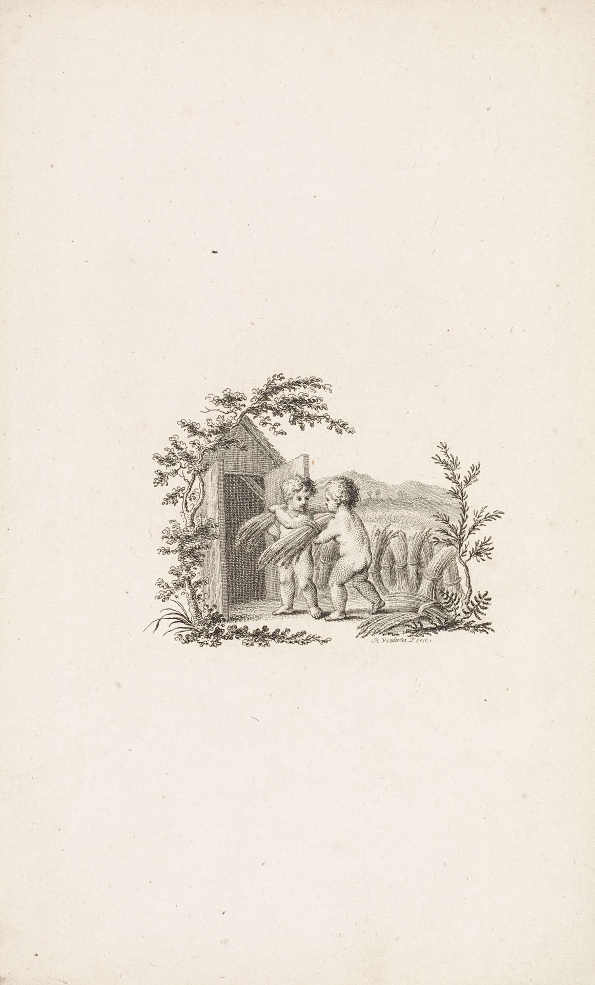 Twee putti  brengen korenschoven naar een schuur by Reinier Vinkeles